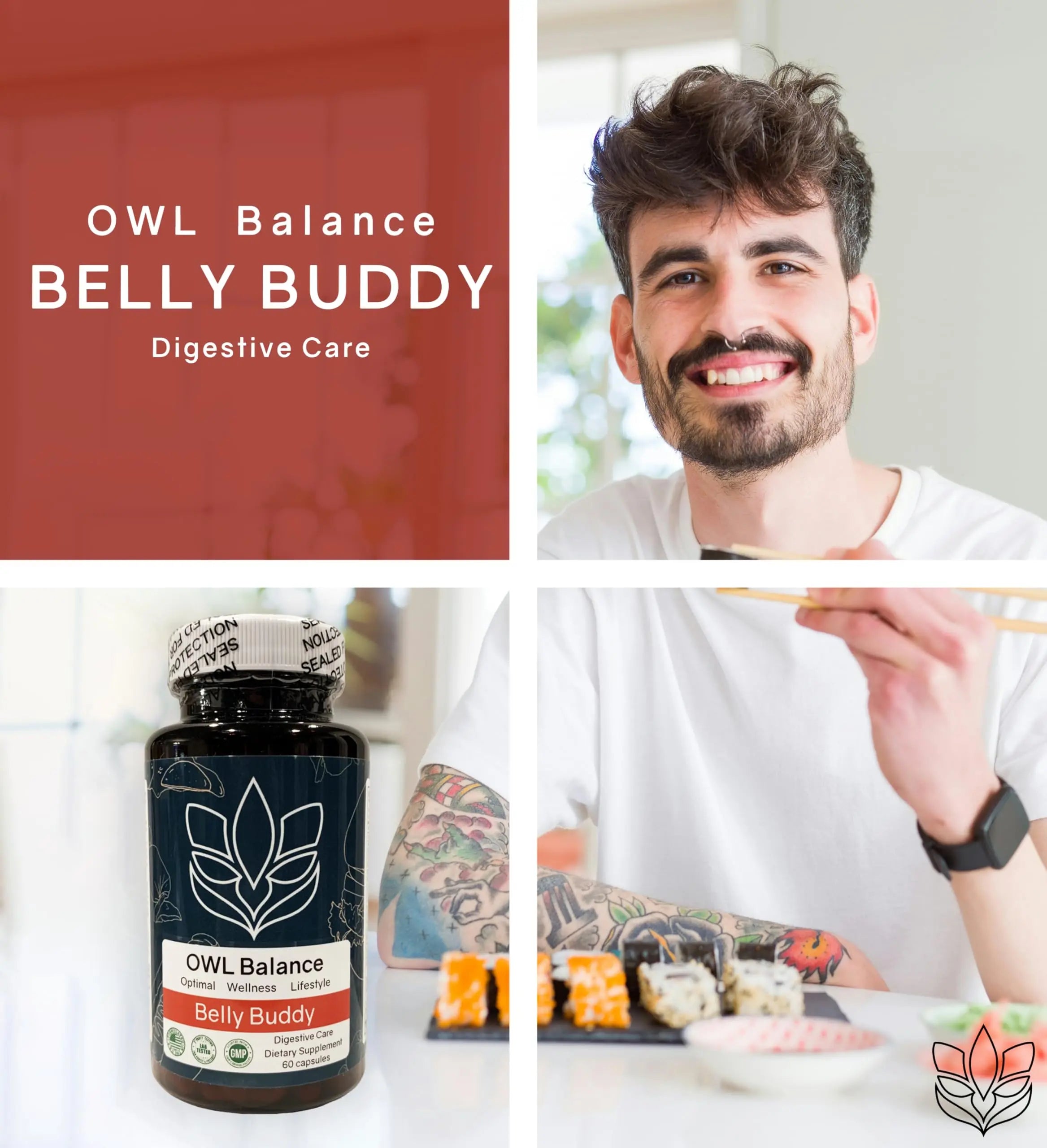 Belly Buddy Advanced Gut Health Support containing a helthy Blend of Probiotics, Prebiotics, and Digestive Enzymes OWL Balancenz supplements