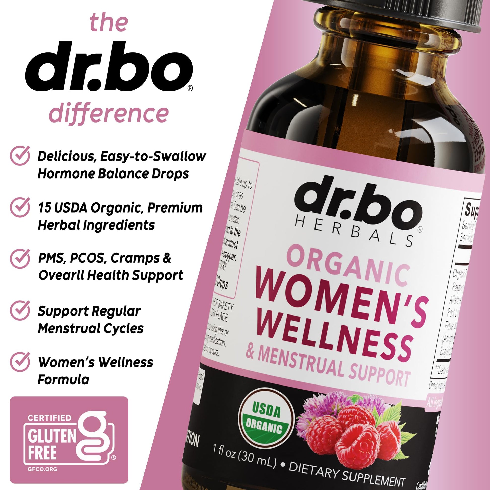 Hormone Balance for Women & PMS Relief - Women's Wellness Organic Hormonal Balance Supplements Liquid Drops & Menstrual Cramp Period Support - Raspberry Leaf, Chasteberry, Black Cohosh Supplement 1 Oz DR. BOAu supplements