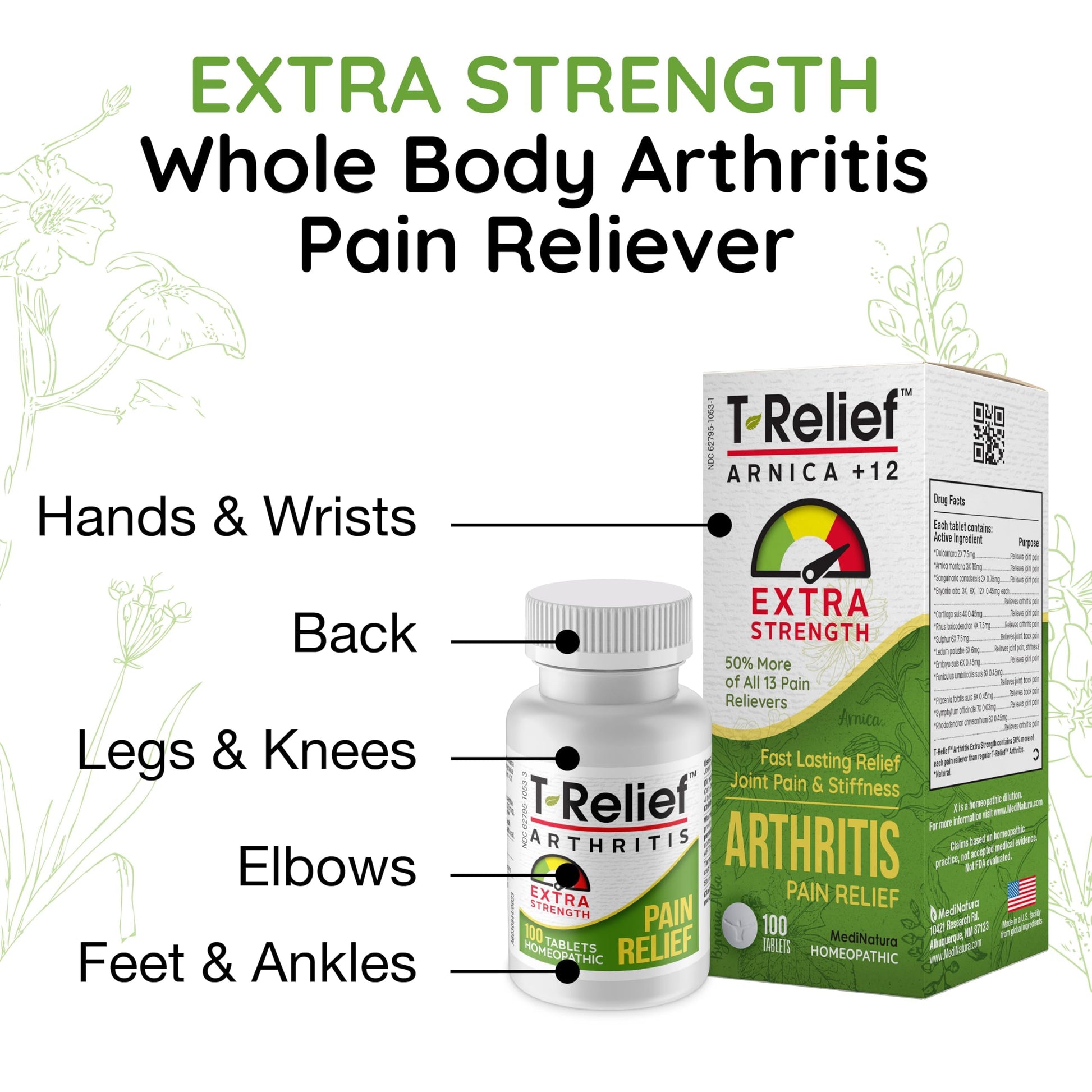 T-Relief Extra Strength Arthritis Pain Reliever Arnica +12 Natural Medicines for Joint Soreness Stiffness Aches, Quick Dissolving Pain Relief for Women & Men - 100 Tablets MediNaturaAu supplements
