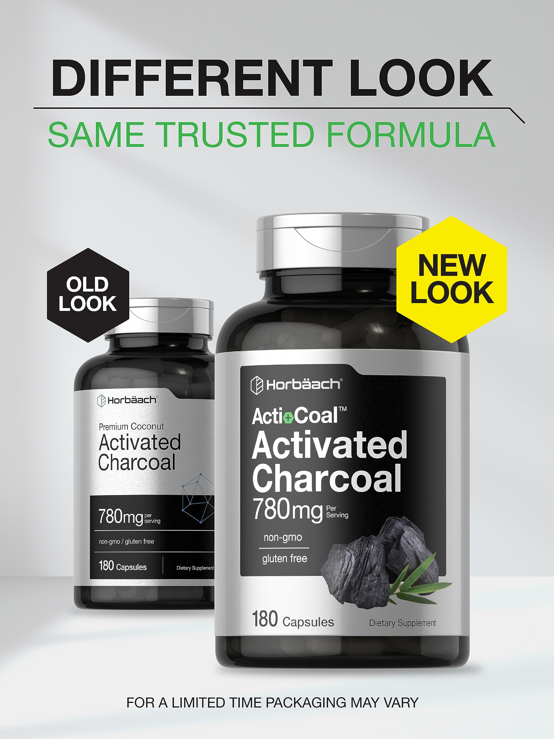 Charcoal Pills 780mg | 180 Capsules | Activated Charcoal from Coconut Shells | Non-GMO HorbäachAu supplements