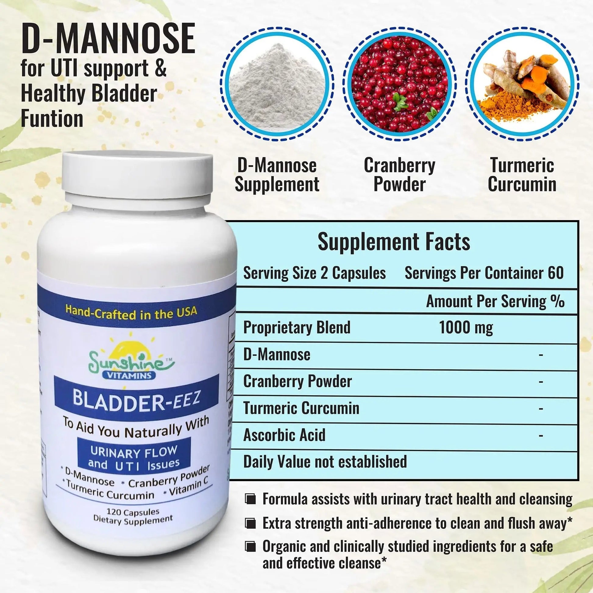 Sunshine Vitamins Bladder-EEZ | All-Natural Bladder Infection UTI Relief Support for Women with D-Mannose | Urinary Tract Infection Health with Immune System Support (1 Bottle of 120 Capsules) Sunshine VitaminsAu supplements