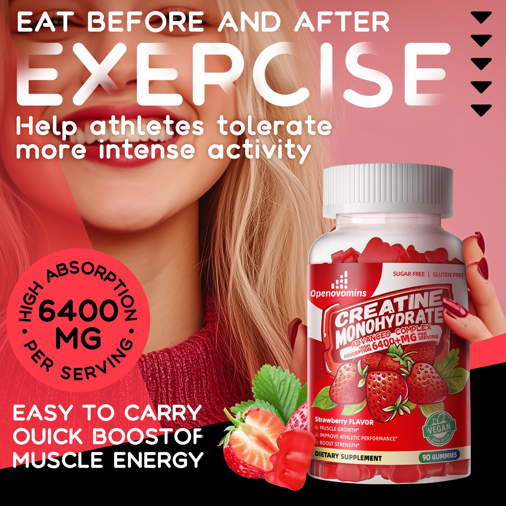 Creatine Monohydrate Gummies Complex for Men & Women -Advanced Formula W/L-Taurine + Vitamin B12, Sugar Free Chewable Supplement,90 Strawberry Gummies OpenovominsAu supplements