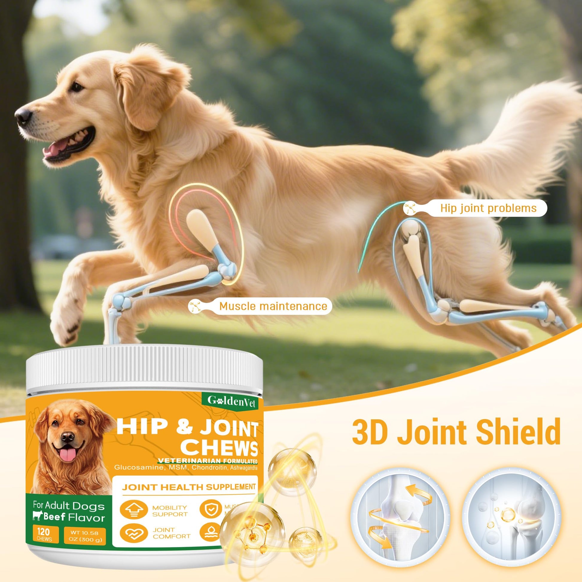 Hip and Joint Chews for Senior Dogs with Glucosamine HCL, Chondroitin, Green-lipped Mussel, Ashwagandha for Anti Inflammatory, Mobility Support, Muscle Maintenance, Joint Comfort 120 Ct GOLDENVETAu supplements