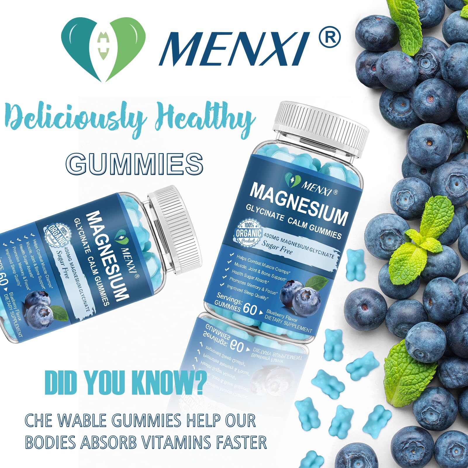 Magnesium Gummies 600mg per Serving-Magnesium Glycinate 400mg and Magnesium Malate 200mg,Sugar Free Magnesium Potassium Supplement for Calm Mood, Muscle, Bone & Sleep Support,60 Blueberry Gummies MENXIAu supplements