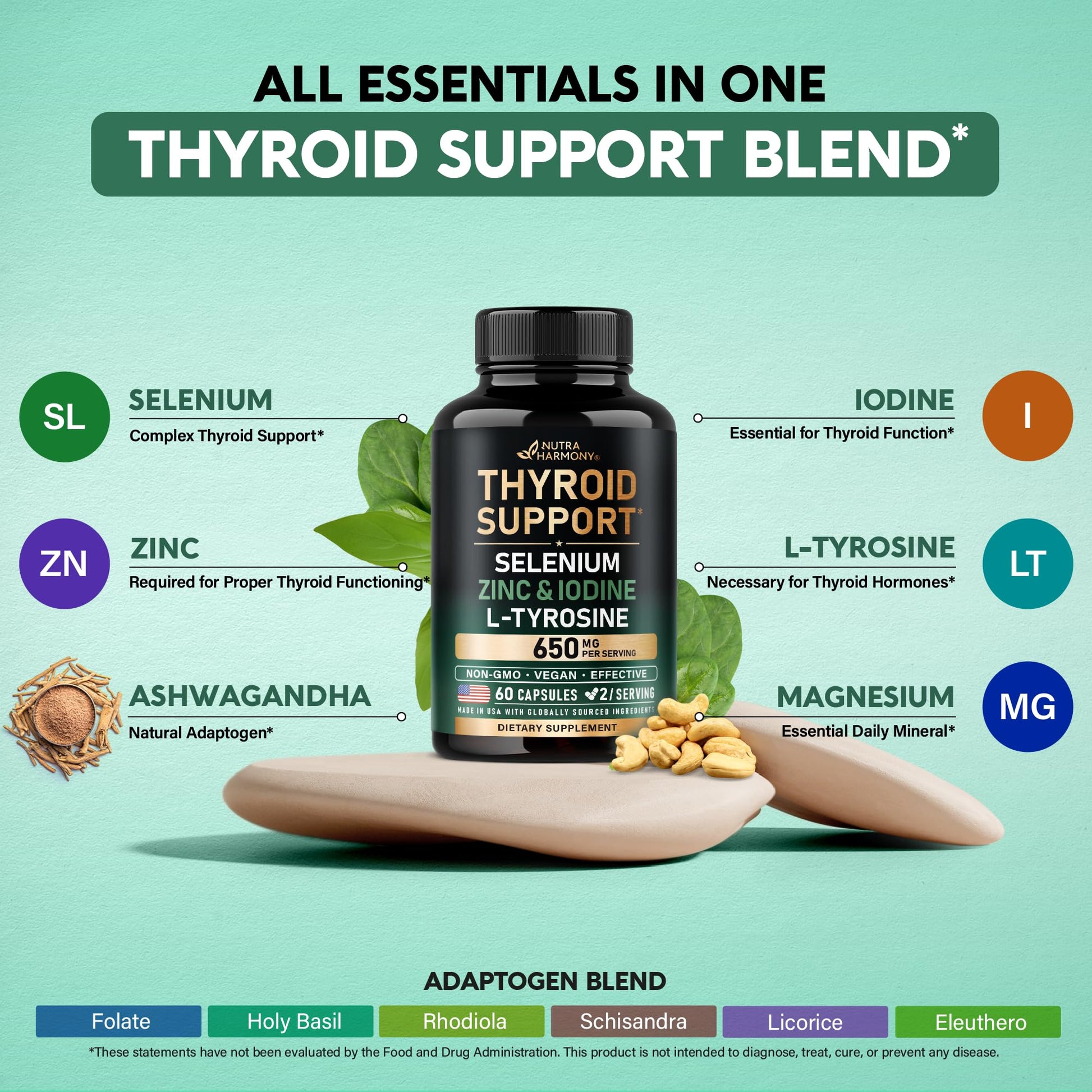 Thyroid Support for Women - Selenium 200 mcg | Astragalus | Zinc & Iodine | L-Tyrosine | Adaptogen Herbs - 21-in-1 Antioxidant & Immune Support - Made in USA - Vegan, Non-GMO, Lab Tested - 60 Capsules NUTRAHARMONYAu supplements