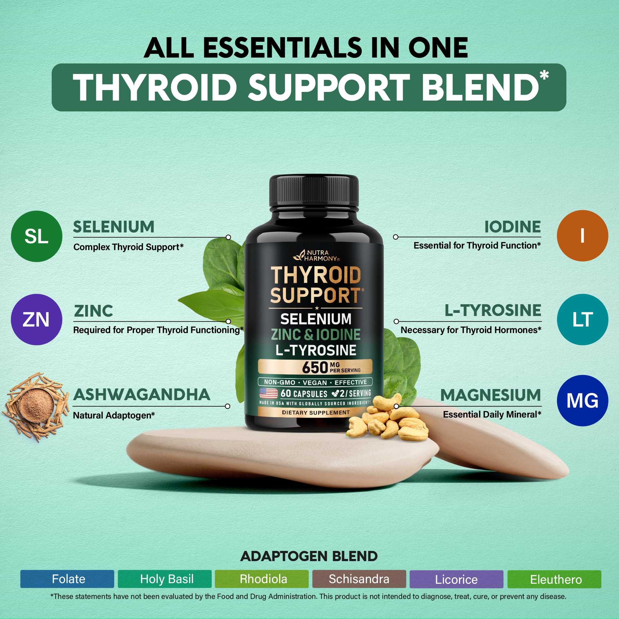 Thyroid Support for Women - Selenium 200 mcg | Astragalus | Zinc & Iodine | L-Tyrosine | Adaptogen Herbs - 21-in-1 Antioxidant & Immune Support - Made in USA - Vegan, Non-GMO, Lab Tested - 60 Capsules NUTRAHARMONYAu supplements