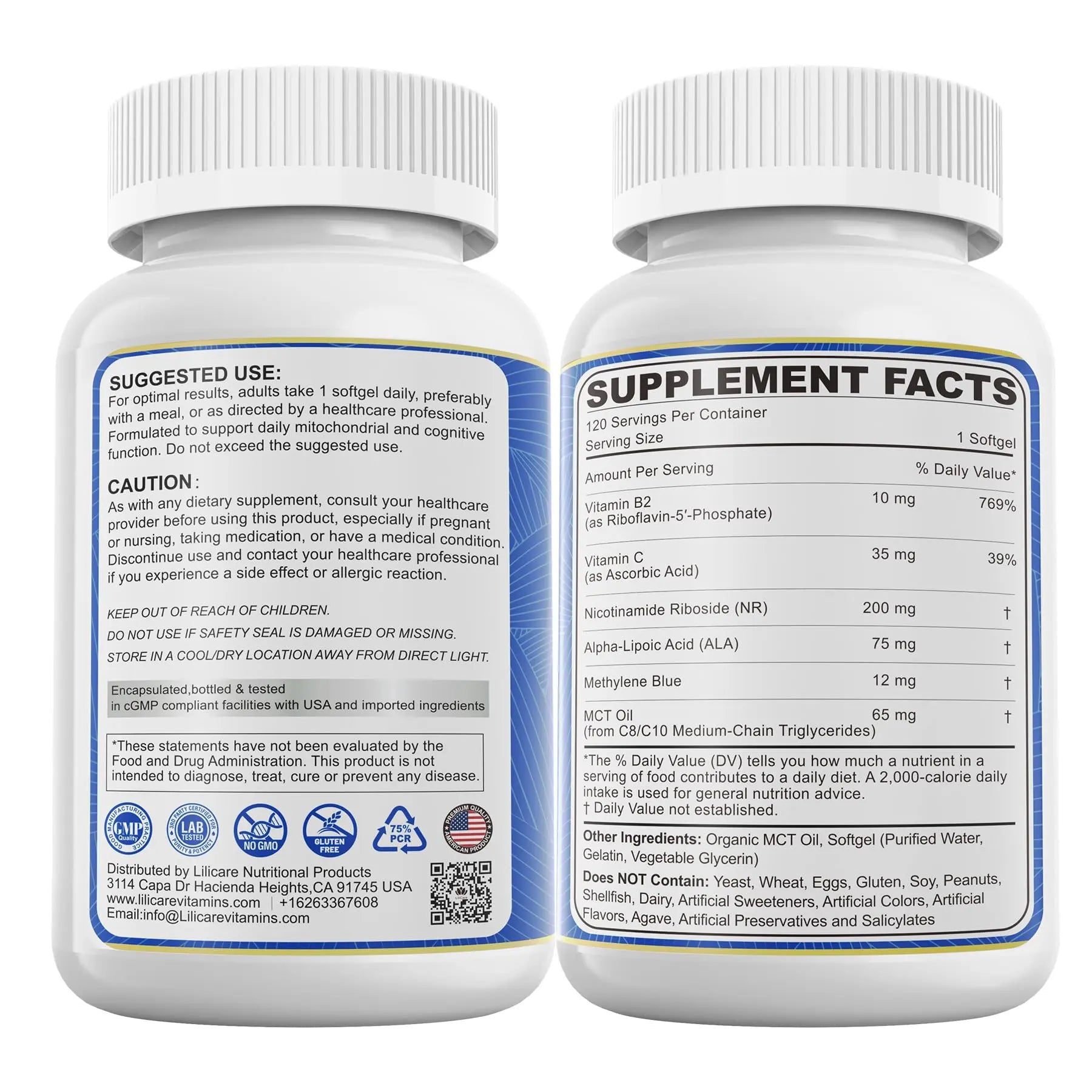 LILICARE Advanced 12mg Methylene Blue Softgels for Humans | Upgraded Brain & Cellular Energy Supplement with CoQ10, NR & ALA | High Absorption Formula, Non-GMO, Mitochondrial & ATP Support, 120 Cts LILICAREnz supplements