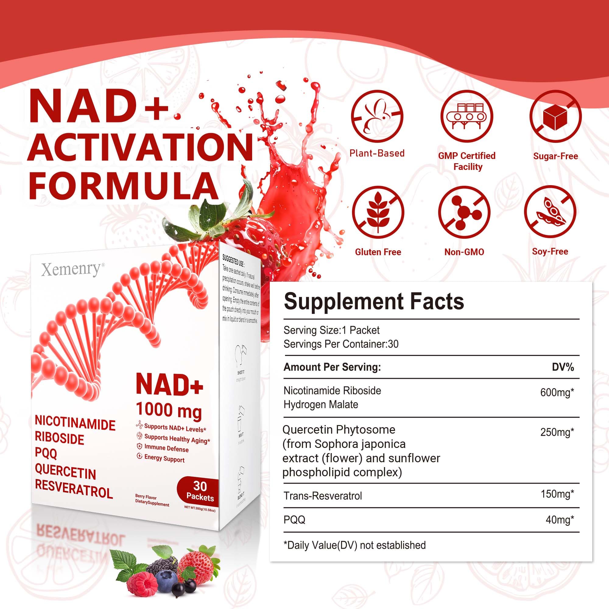 NAD Supplement 1000mg Liquid - Nicotinamide Riboside Resveratrol Supplements for Men & Women - NMN Alternative for Enhanced Energy & Anti-Aging, Focus - 30 Packets XemenryAu supplements