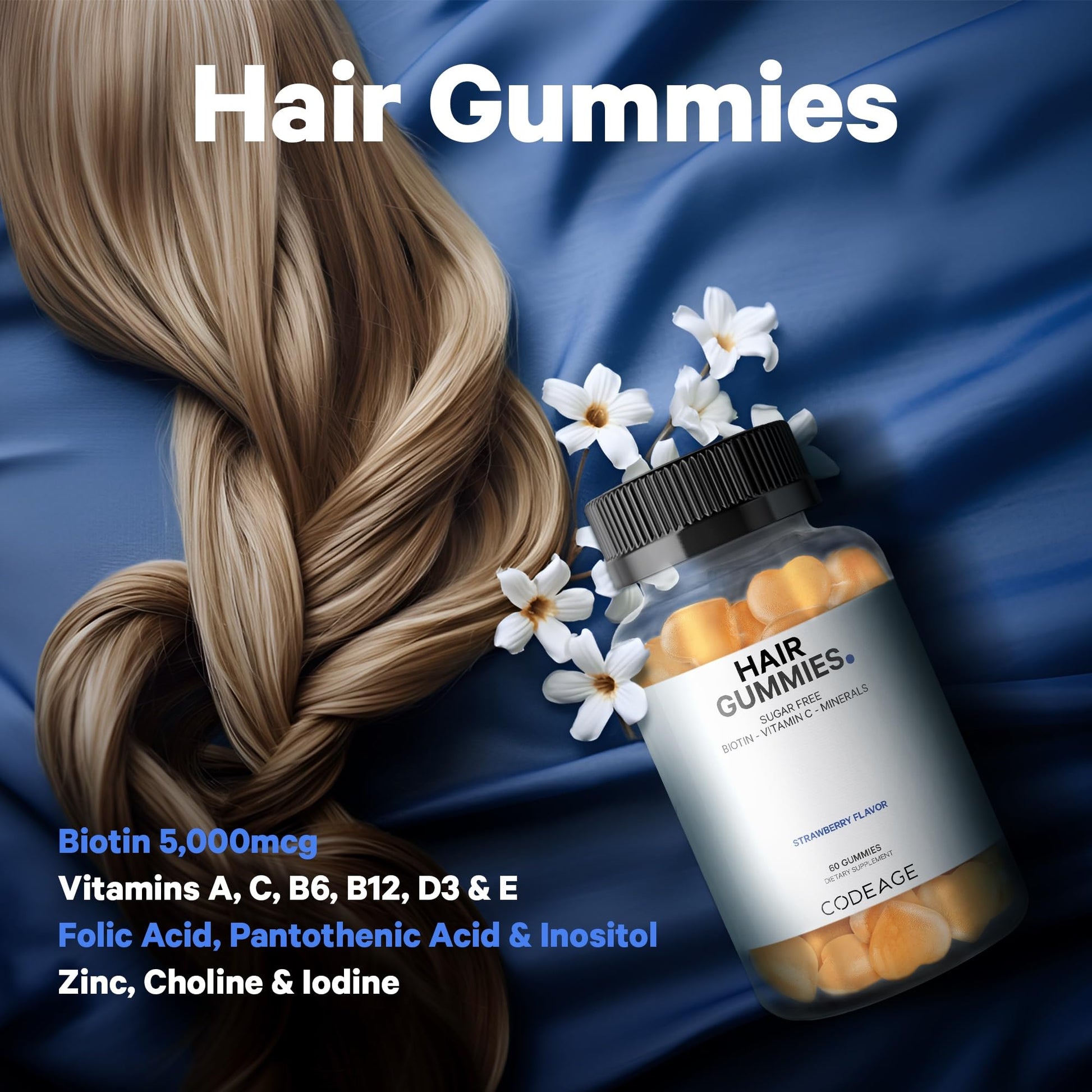 Codeage Hair Gummies, Biotin 5000 mcg, Sugar Free Growth Gummy Vitamins A, C, B6, B12, D3, Zinc, Inositol Supplement CodeageUS supplements