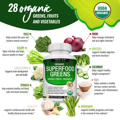 Organic Super Greens Capsules Superfood Fruit Veggie Supplement - 28 Powerful Natural TopluxUS supplements