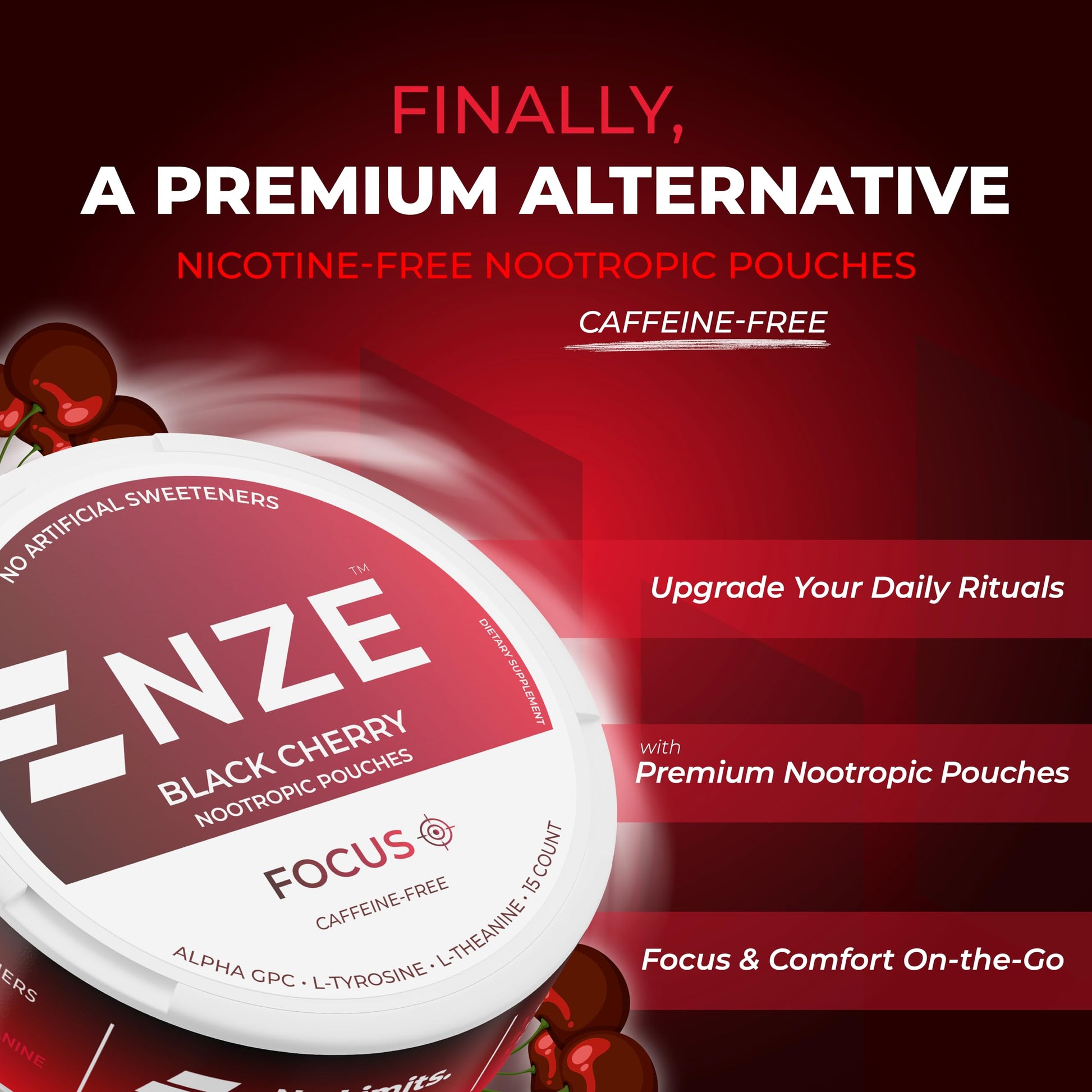 NZE Caffeine Free Nootropic Pouches (Black Cherry) - Nootropic Pouches with Alpha GPC, L-Tyrosine & L-Theanine - No Sugar or Artificial Sweeteners - 15 Pouches Per Can - 5 Pack NZEAu supplements