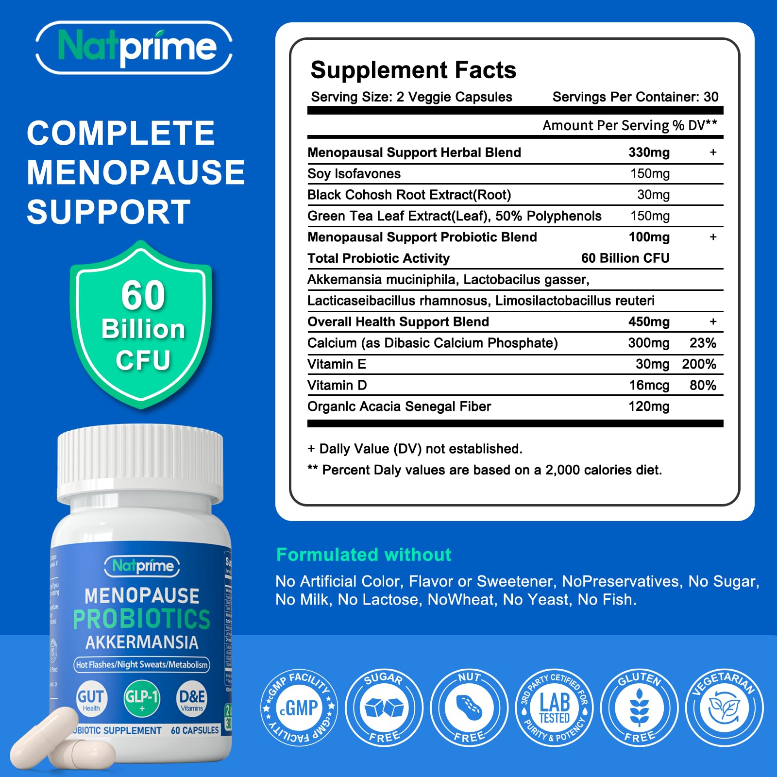 Natprime Menopause Supplements for Women - 60 Billion CFU Akkermansia Probiotic for Hormonal Balance, Night Sweats, Hot Flashes Relief, Gut Health, Mood Support & URO Viginal probiotic - 60 Ct 30 Day NatprimeAu supplements