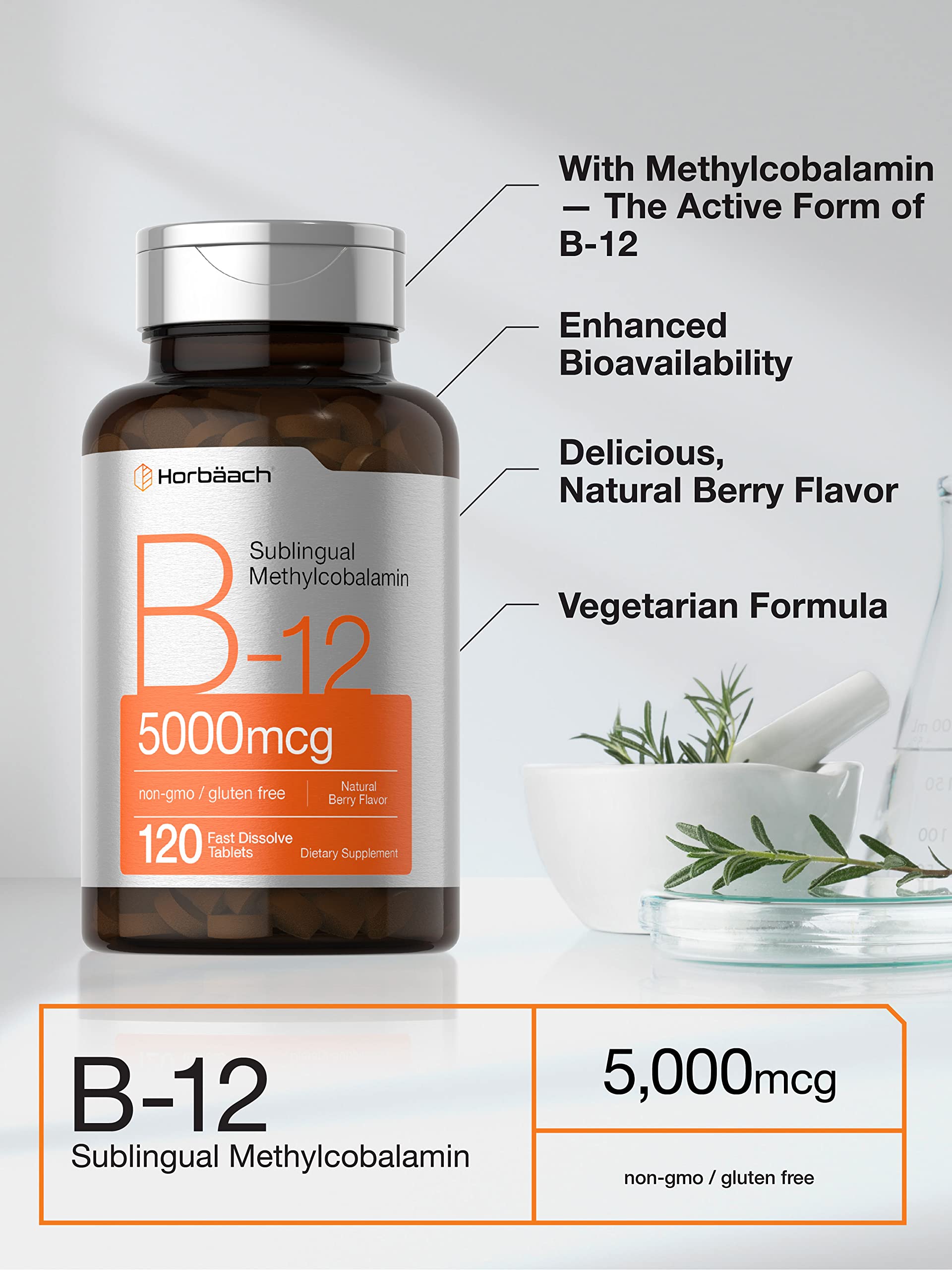 Horbäach B12 Sublingual Methylcobalamin | 5000mcg | 120 Fast Dissolve Tablets HorbäachUS supplements