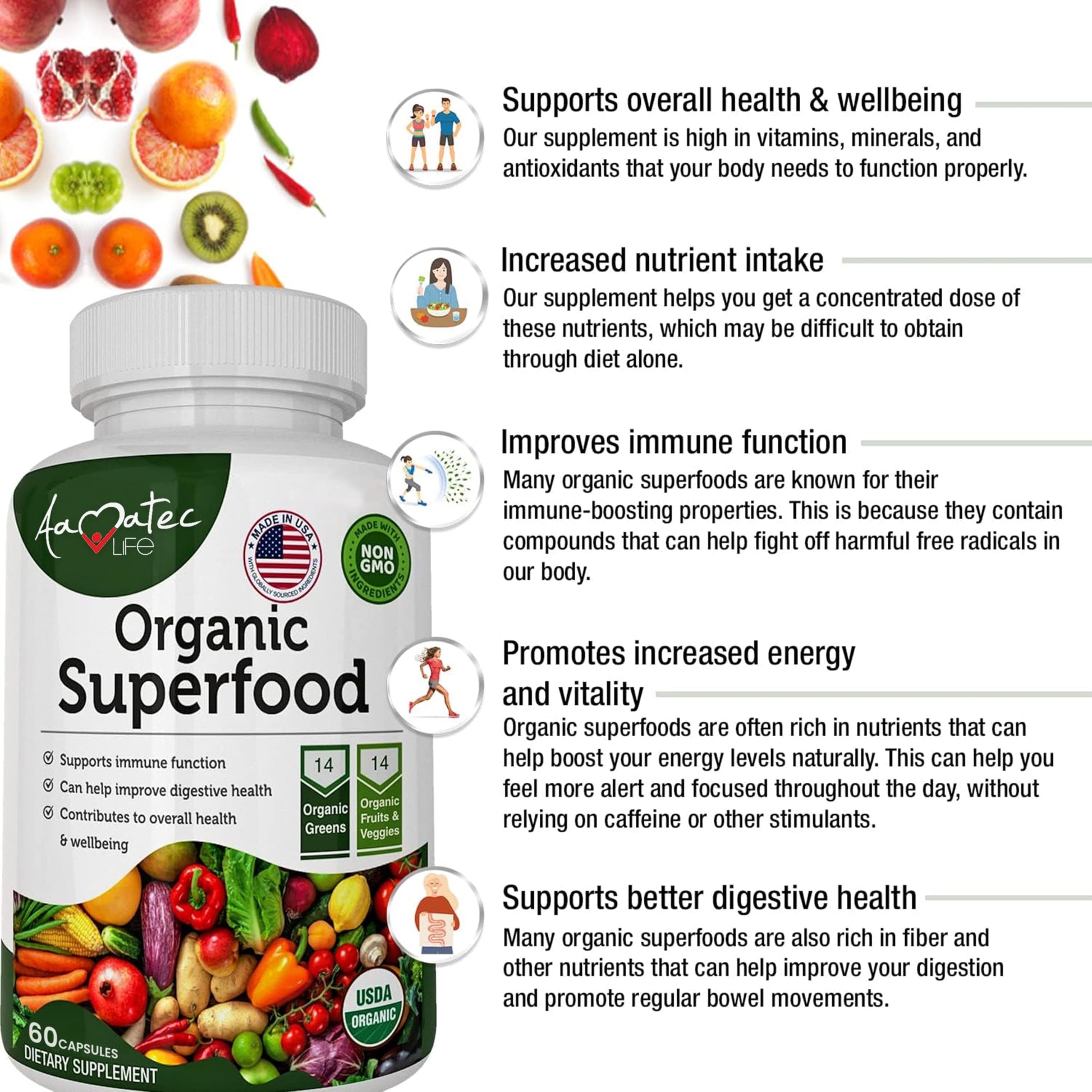 AAMATEC LIFE Organic Superfood Greens Fruits and Veggies Complex - Dietary Supplement with 14 Greens &14 Vegetables with Alfalfa Rich in Antioxidants Organic Ingredients Non-GMO (120 Count Pack of 2) AAMATEC LIFEAu supplements