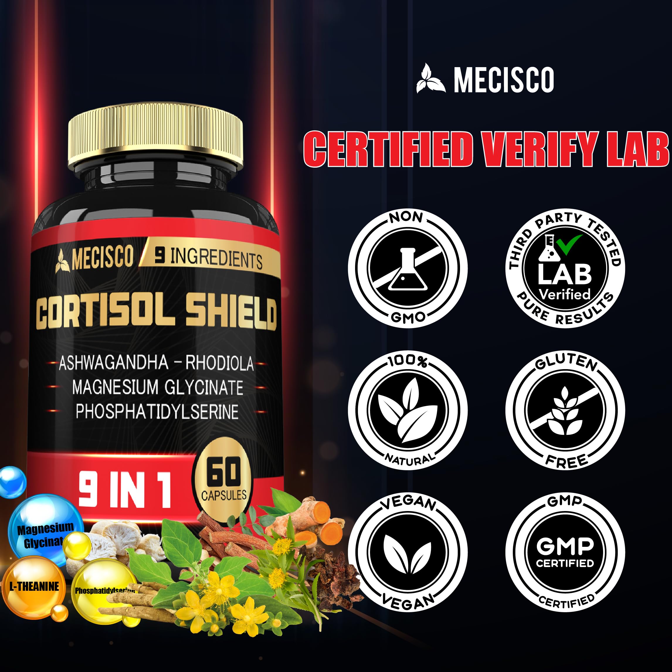 9in1 Cortisol Shield - Ashwagandha & Magnesium Glycinate, Rhodiola, Phosphatidylserine, L-Theanine, Licorice Root, St. John's Wort, Lions Mane - Mind & Mood, Restful Night Support - 60 Capsules MeciscoAu supplements