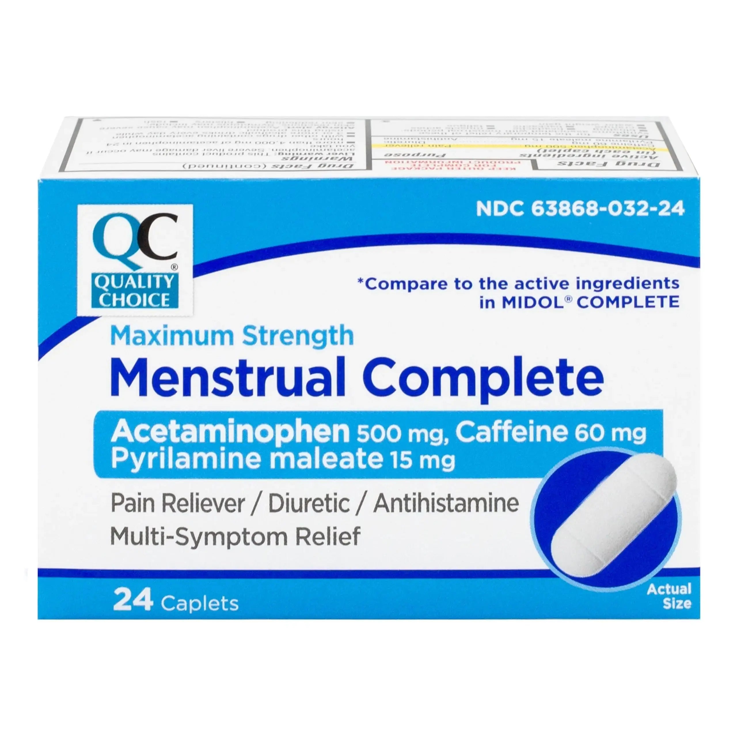 Quality Choice Menstrual Complete Max Strength Period Pain Relief, 500 mg of Acetaminophen, 60mg of Caffeine, 15mg of Pyrilamine Maleate, Cramps, Bloating, Headache. 24 Count. Quality ChoiceAu supplements