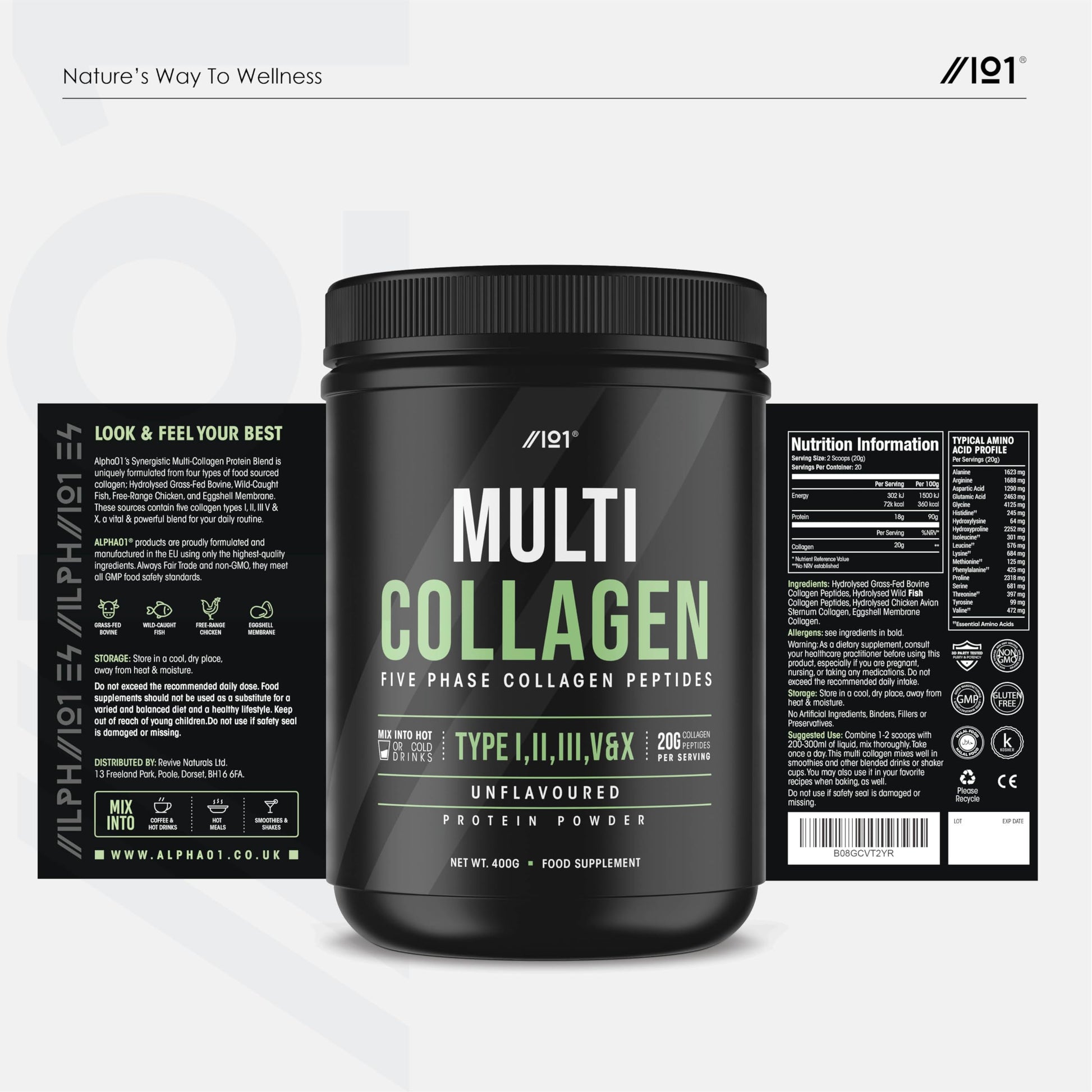 Multi Collagen Protein Powder (400g) - Types I, II, III, V & X - Hydrolyzed Grass Fed Bovine, Wild Caught Fish ALPHA01Au supplements