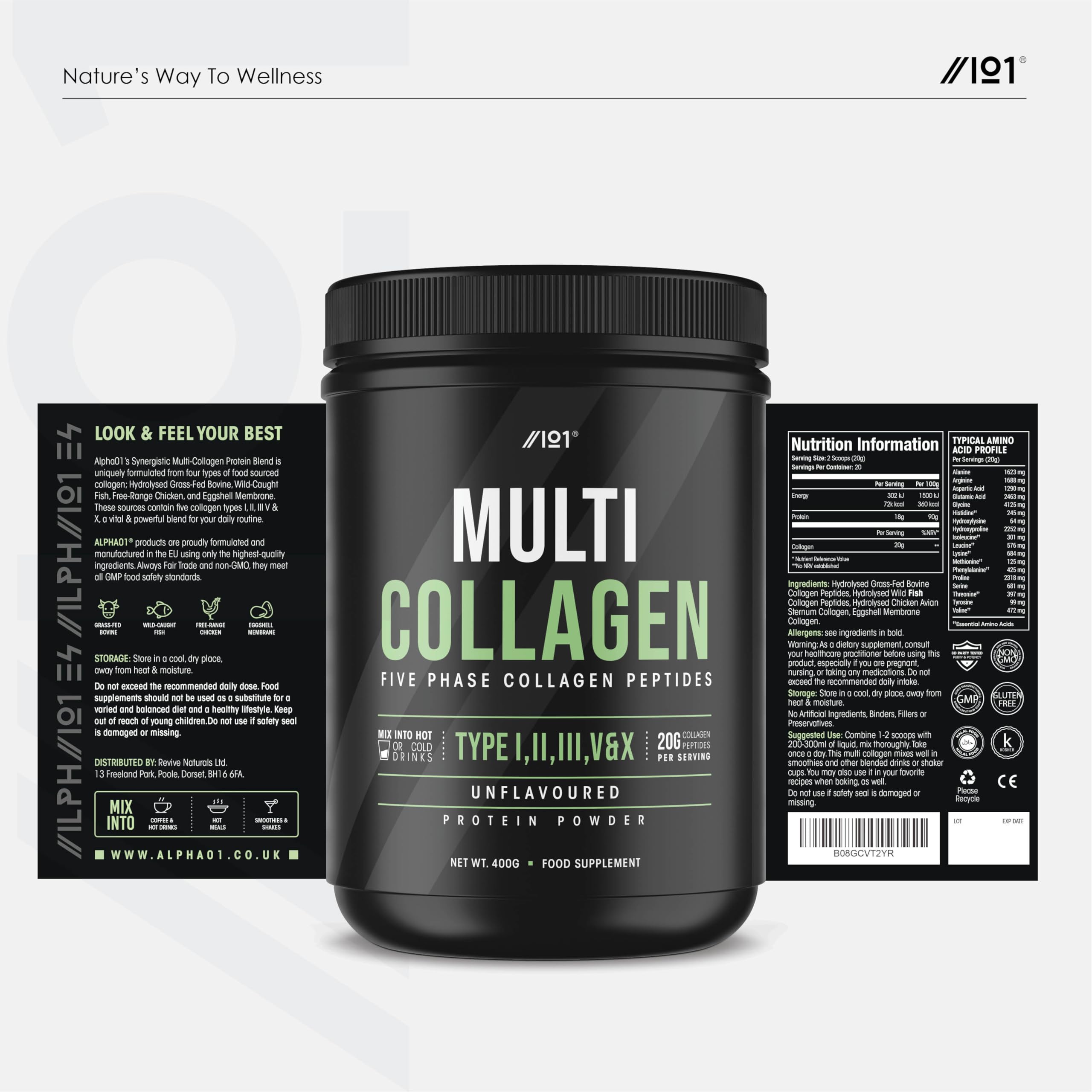 Multi Collagen Protein Powder (400g) - Types I, II, III, V & X - Hydrolyzed Grass Fed Bovine, Wild Caught Fish ALPHA01Au supplements