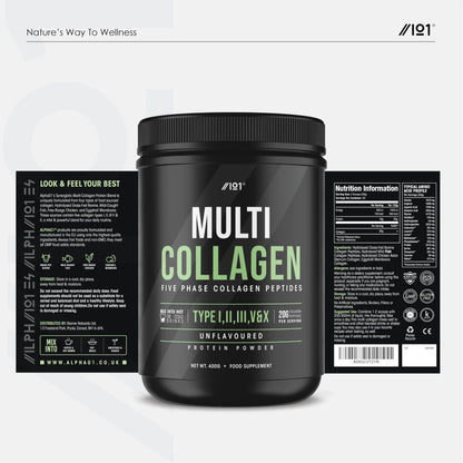 Multi Collagen Protein Powder (400g) - Types I, II, III, V & X - Hydrolyzed Grass Fed Bovine, Wild Caught Fish ALPHA01US supplements