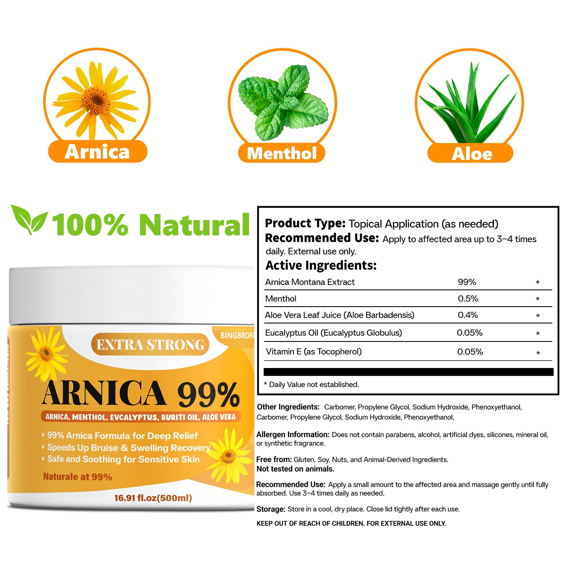 Bingbrofam Arnica Cream 99% Extra Strength Gel Pain Relief for Fast Healing Thin Skin, Seniors Bruises with Menthol, Swelling, Soothing Massage, 16.9 Oz BingbrofamAu supplements