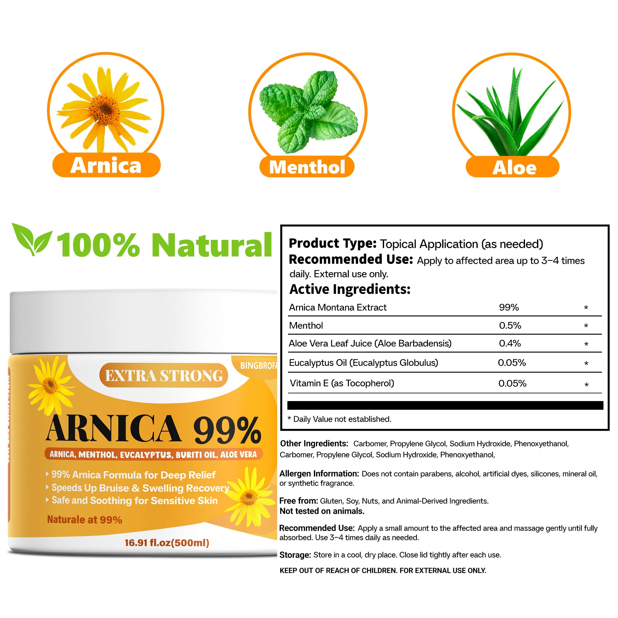 Bingbrofam Arnica Cream 99% Extra Strength Gel Pain Relief for Fast Healing Thin Skin, Seniors Bruises with Menthol, Swelling, Soothing Massage, 16.9 Oz BingbrofamAu supplements