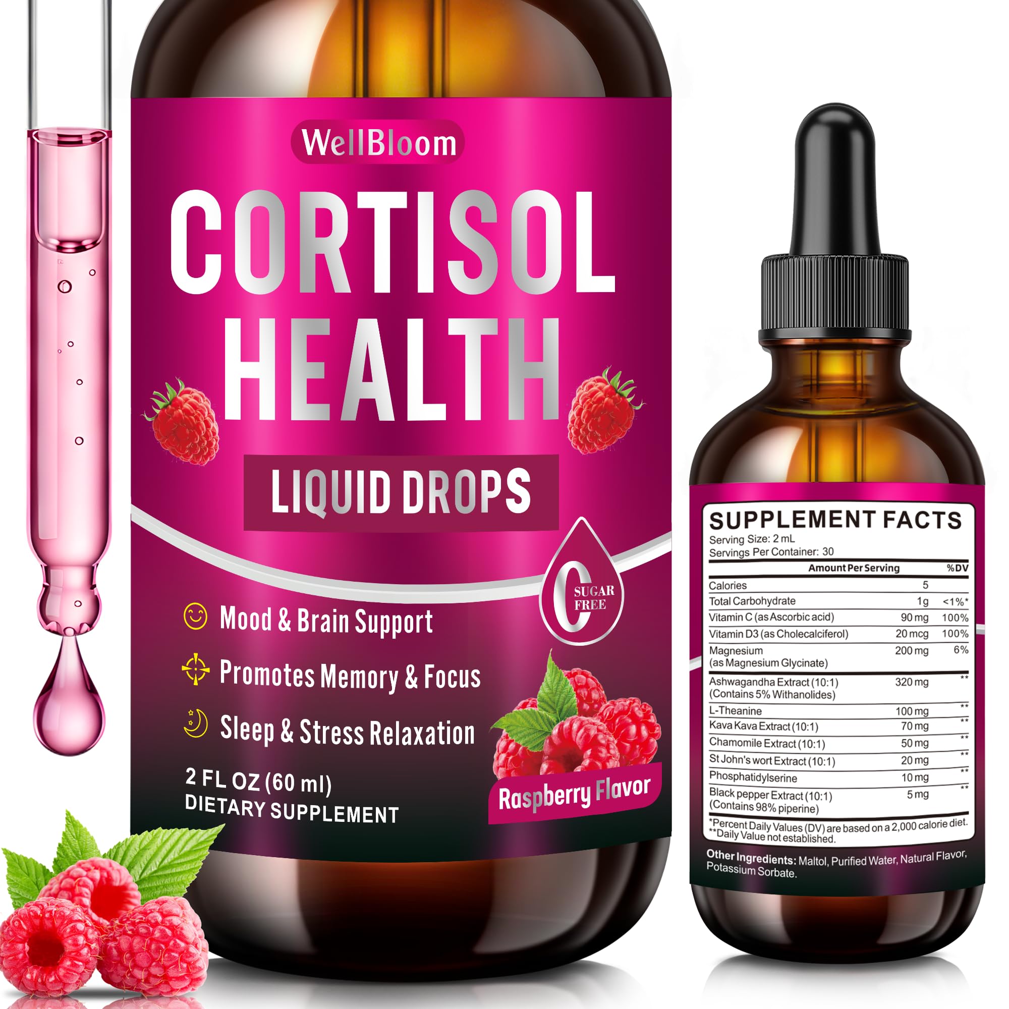 WellBloom Cortisol Reducer for Women & Men with Magnesium Glycinate, Ashwagandha, L-Theanine - Supports Stress Relief, Sleep & Heart Health, Nerves, Muscles - 2 Fl Oz WellBloomAu supplements