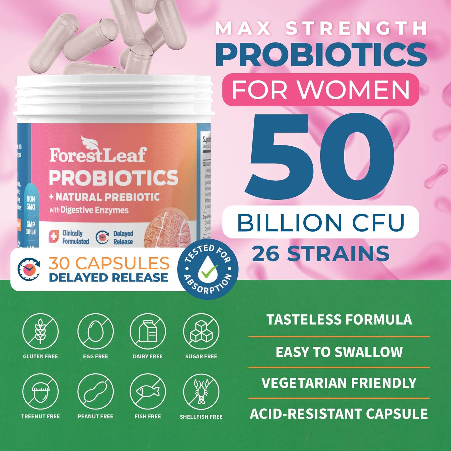 ForestLeaf Womens Probiotic 50 Billion CFU with Organic Prebiotics, Digestive Enzymes ForestLeafUS supplements