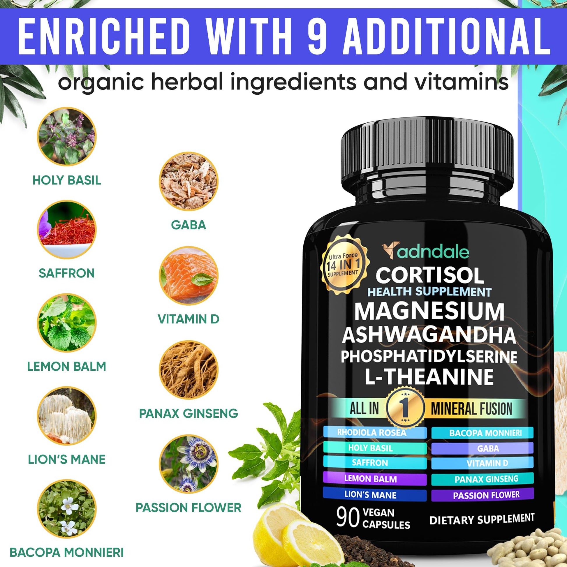 Adndale Cortisol Supplements for Women. Cortisol Reducer 14-in-1 Ashwagandha Supplement with Magnesium Glycinate, L-Theanine & More. 90 Capsules. AdndaleAu supplements