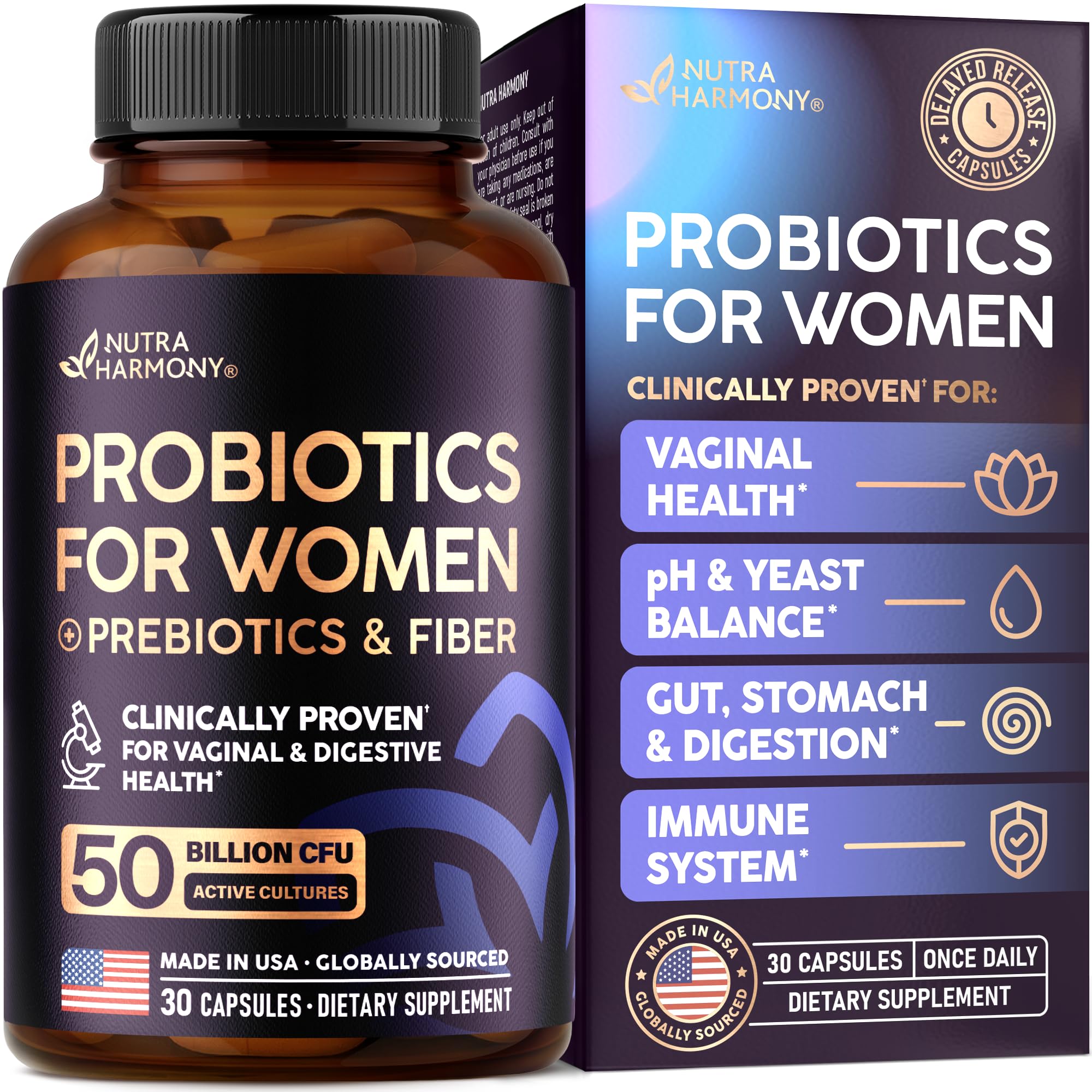 Probiotics for Women 50 Billion CFU - Vaginal Probiotics Clinically Proven for Yeast & pH Balance - Digestion & Bloating Relief - 8 Strains + Prebiotics - Delay Release - Made in USA, 30 Capsules NUTRAHARMONYAu supplements