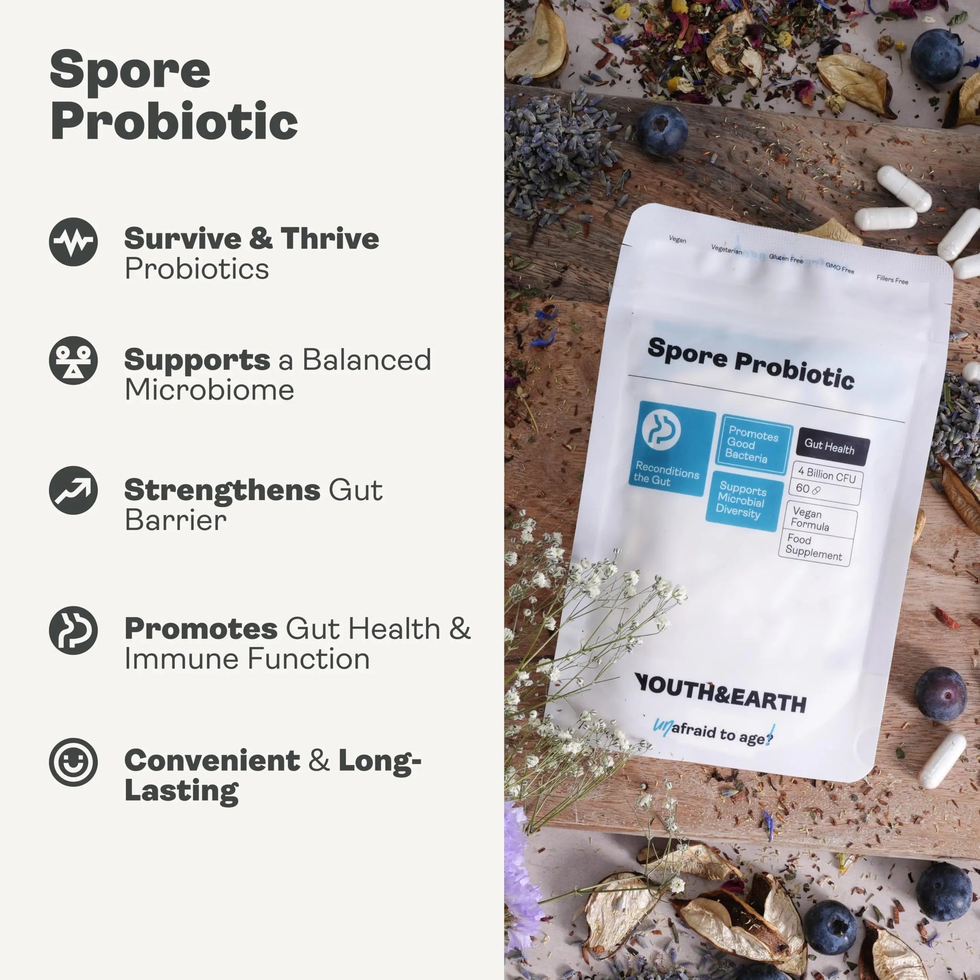 Youth & Earth Spore Probiotics 4 Billion CFU Count - Probiotics for Gut Health & Immune Support | Gut Health Supplements for Digestive Health | 60 Capsules Youth & Earthnz supplements
