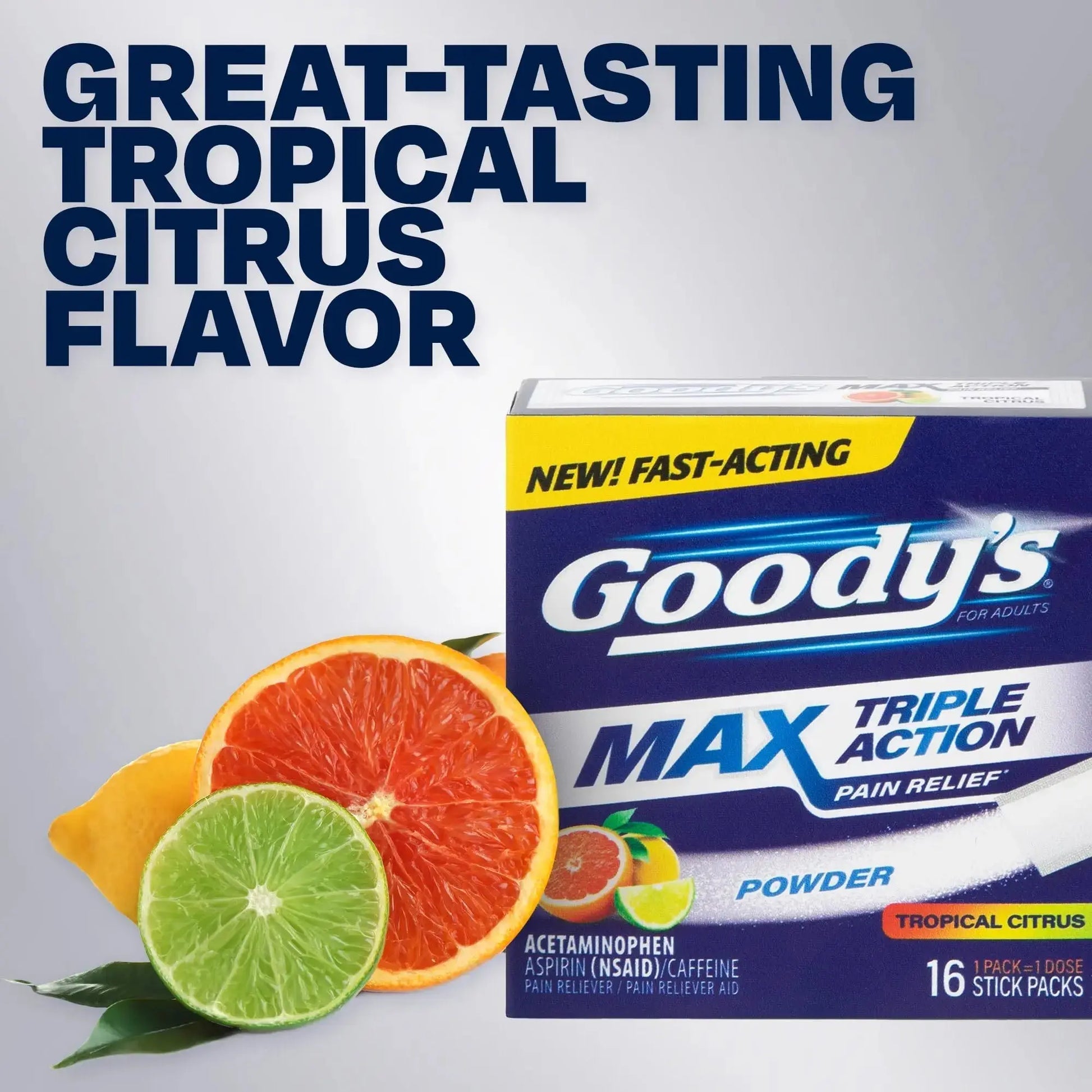 Goody’s Max Triple Action Pain Relief – Headache Relief Powder with Acetaminophen, Aspirin & Caffeine for Fast, Effective Relief of Tough Headaches, Tropical Citrus, 16 Count Goody'sAu supplements