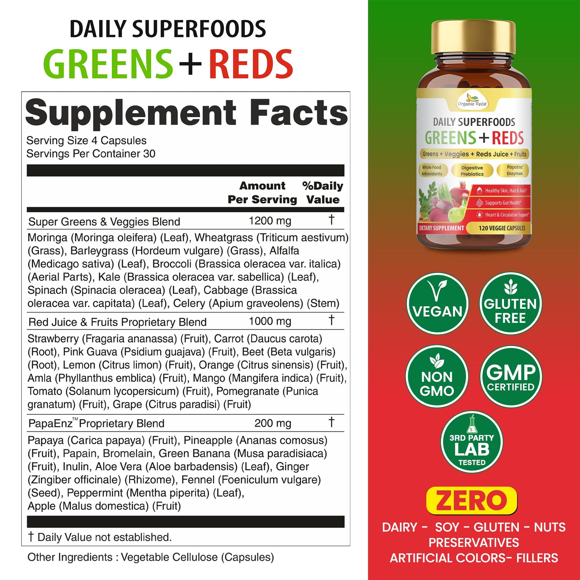 Organic Veda Super Greens & Reds Capsules - Organic Superfoods, Daily Greens, Red Juice, Fruits & Vegetables Supplement - Papaya Enzymes, Digestive Herbs, Bromelain, Antioxidants - 120 Veggie Capsules Organic VedaAu supplements