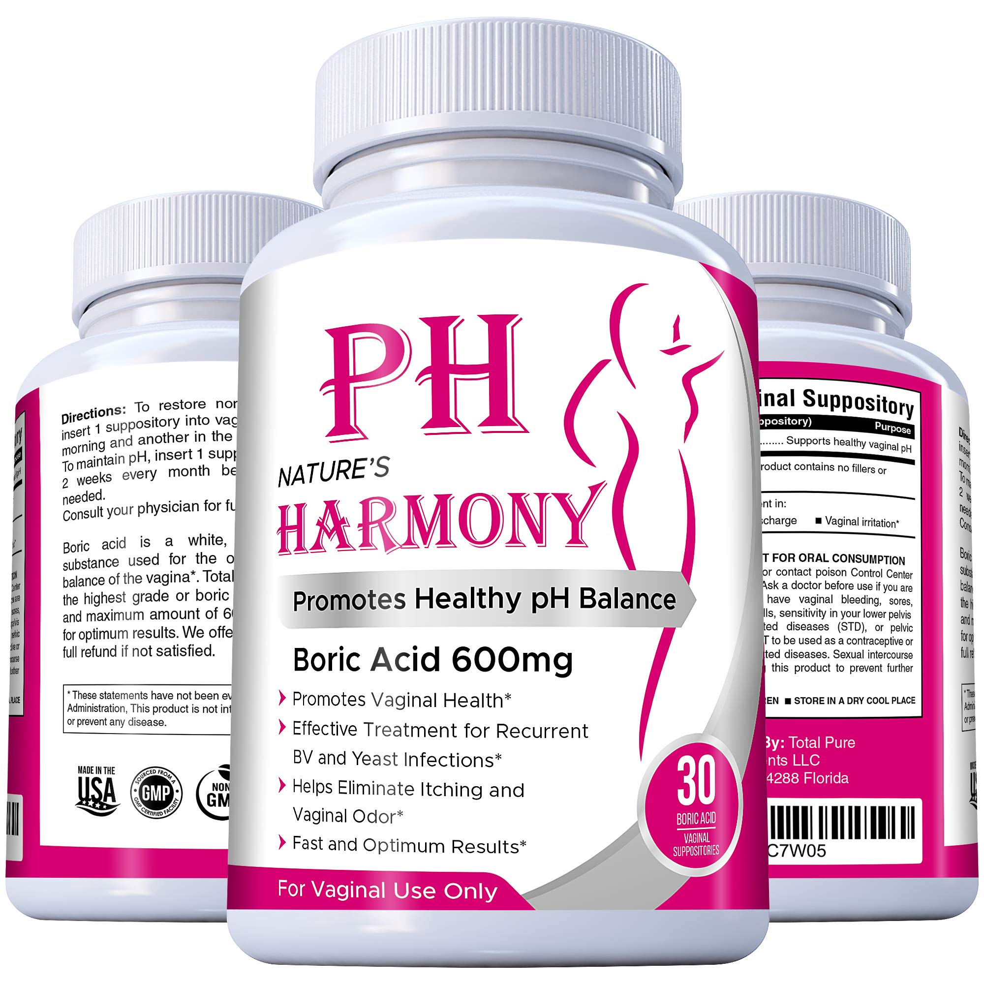 PURE PLANT HOME Boric Acid Suppositories Nature's Harmony 30 Count 600 mg 100% Pure Made in USA Nature's HarmonyUS supplements