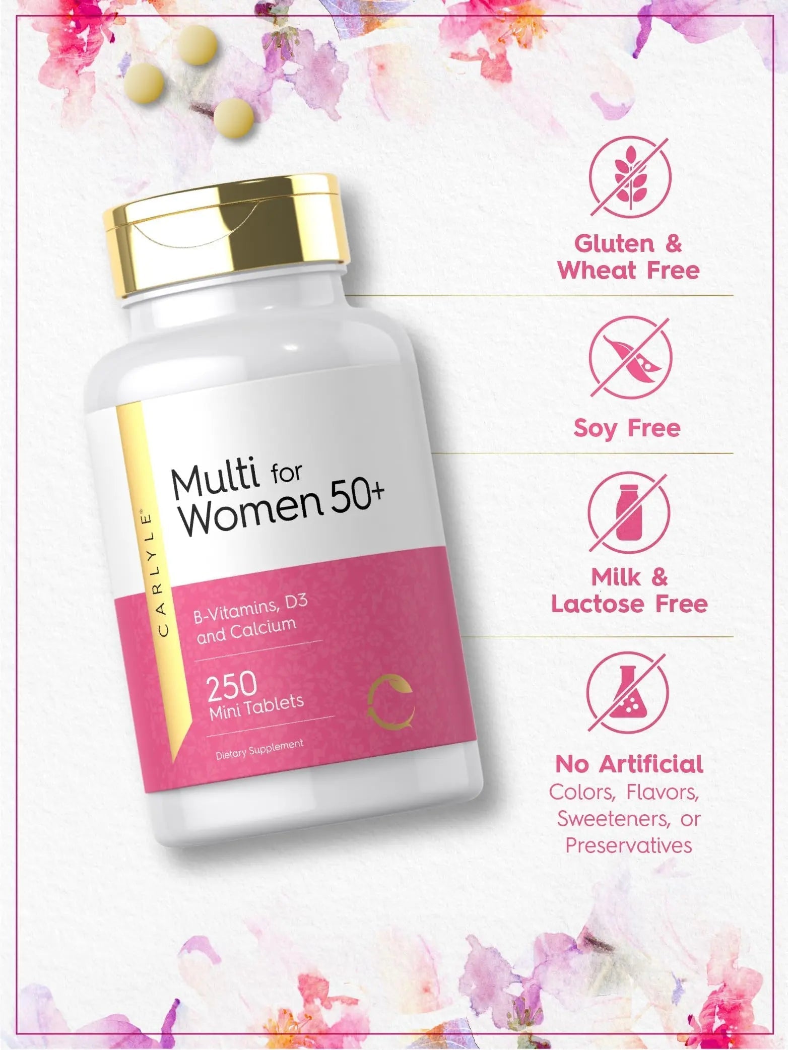 Carlyle Multivitamin for Women 50 Plus | 250 Mini Tablets | Iron Free Supplement | Vitamins A, B12, C, D3, Folate (as Folic Acid) and Calcium | CarlyleAu supplements