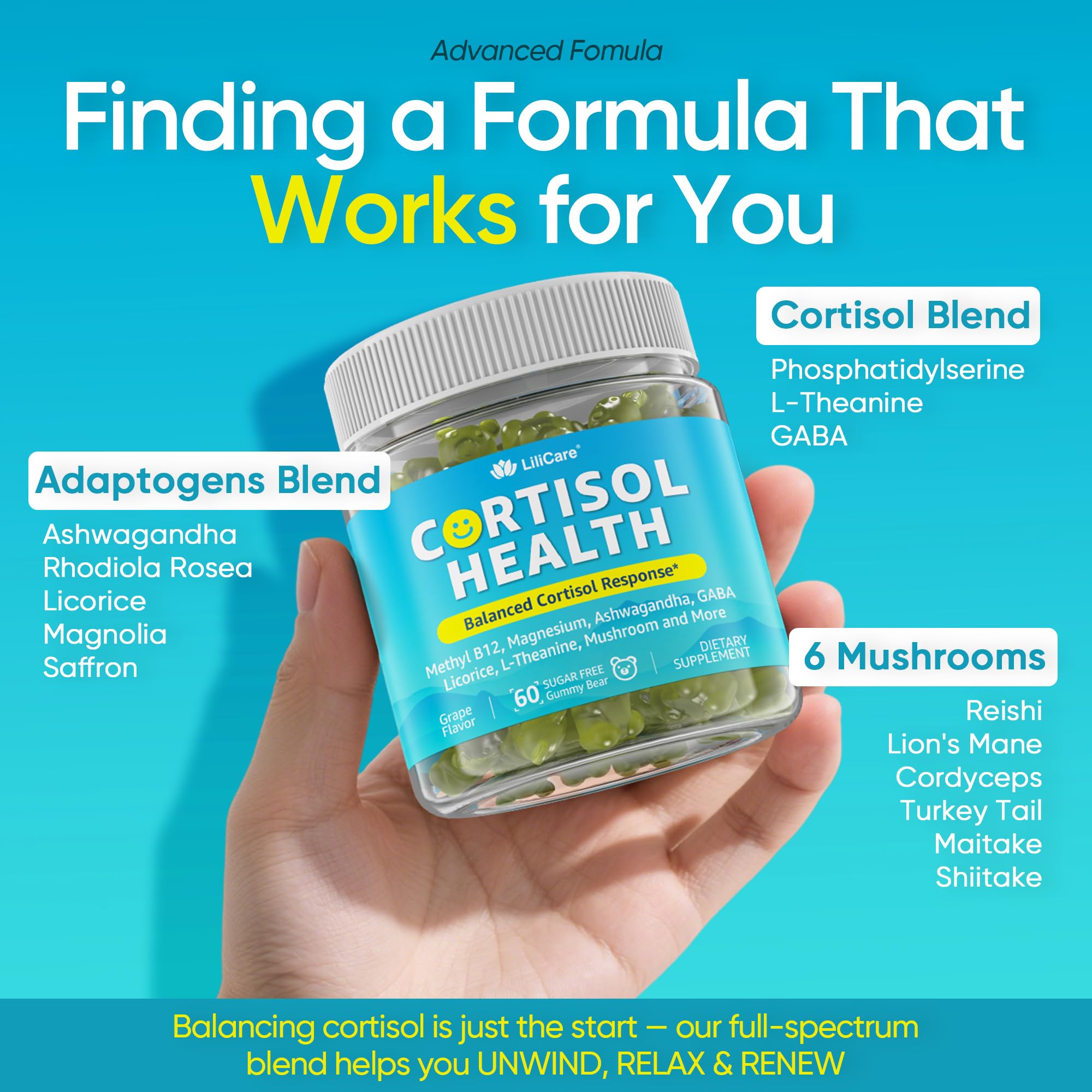 Cortisol Gummies for Women & Men, Sugar Free Cortisol Reducer Supplements w/ Magnesium, Ashwagandha, Mushroom, L-theanine, Rhodiola, Vitamin B6 B12 for Cortisol Detox, Relax, Sleep Support 2 Pack LILICAREAu supplements