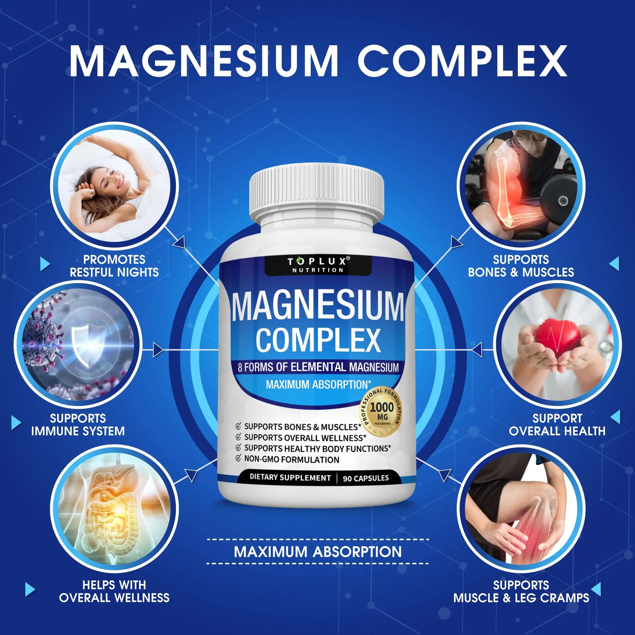Magnesium Complex Supplement 8 Elemental 1000mg - Magnesium Glycinate, Citrate, Malate, Taurate, Chelated for Easy Absorption for Bones, Muscle, Recovery, Energy, Vegan Non-GMO 90 Capsules Topluxnz supplements