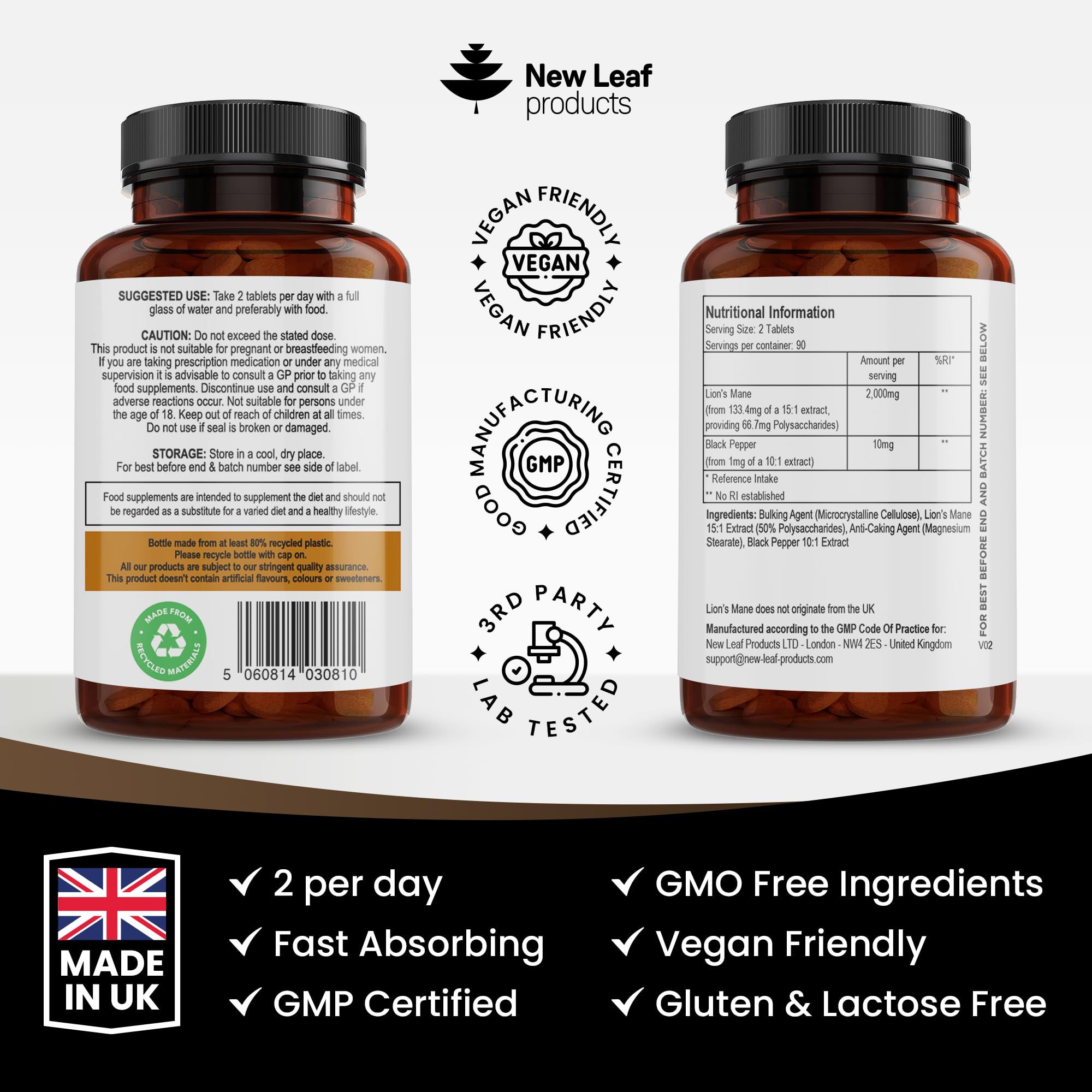 Lions Mane Mushroom Extract Supplement 2000mg - 180 High Strength Vegan Tablets NEW LEAF PRODUCTSUS supplements