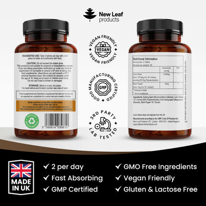 Lions Mane Mushroom Extract Supplement 2000mg - 180 High Strength Vegan Tablets NEW LEAF PRODUCTSUS supplements