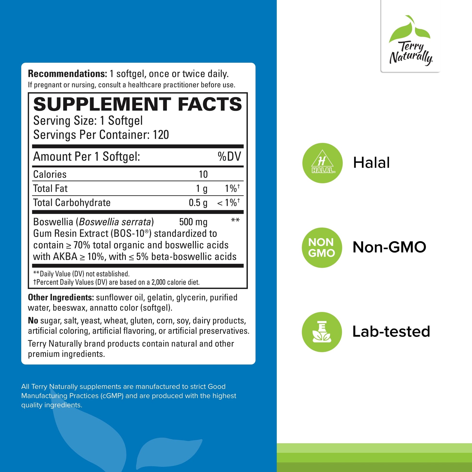 Terry Naturally BosMed 500 Extra Strength - Boswellia Serrata Extract Supplement - Supplement for Healthy Lung Support - Herbal Supplement Formula with High Levels of AKBA - 120 Softgels Terry NaturallyAu supplements
