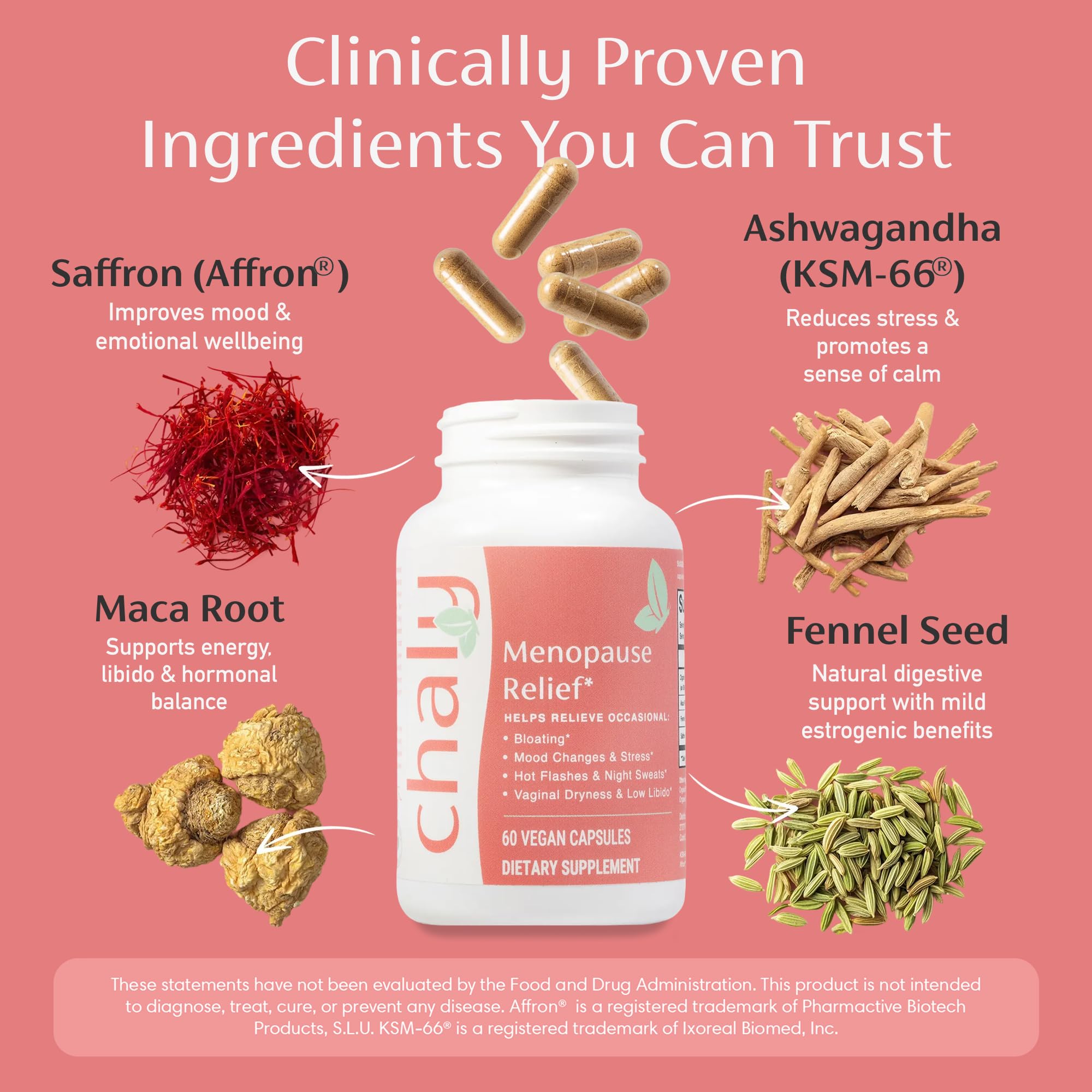 Chaly Menopause Supplements for Women with Ashwagandha KSM 66 and Saffron | Hot Flash, Bloating, Libido, Vaginal Dryness, Stress, and Mood Support Supplement | Menopause Relief Supplements | 60 Count ChalyAu supplements