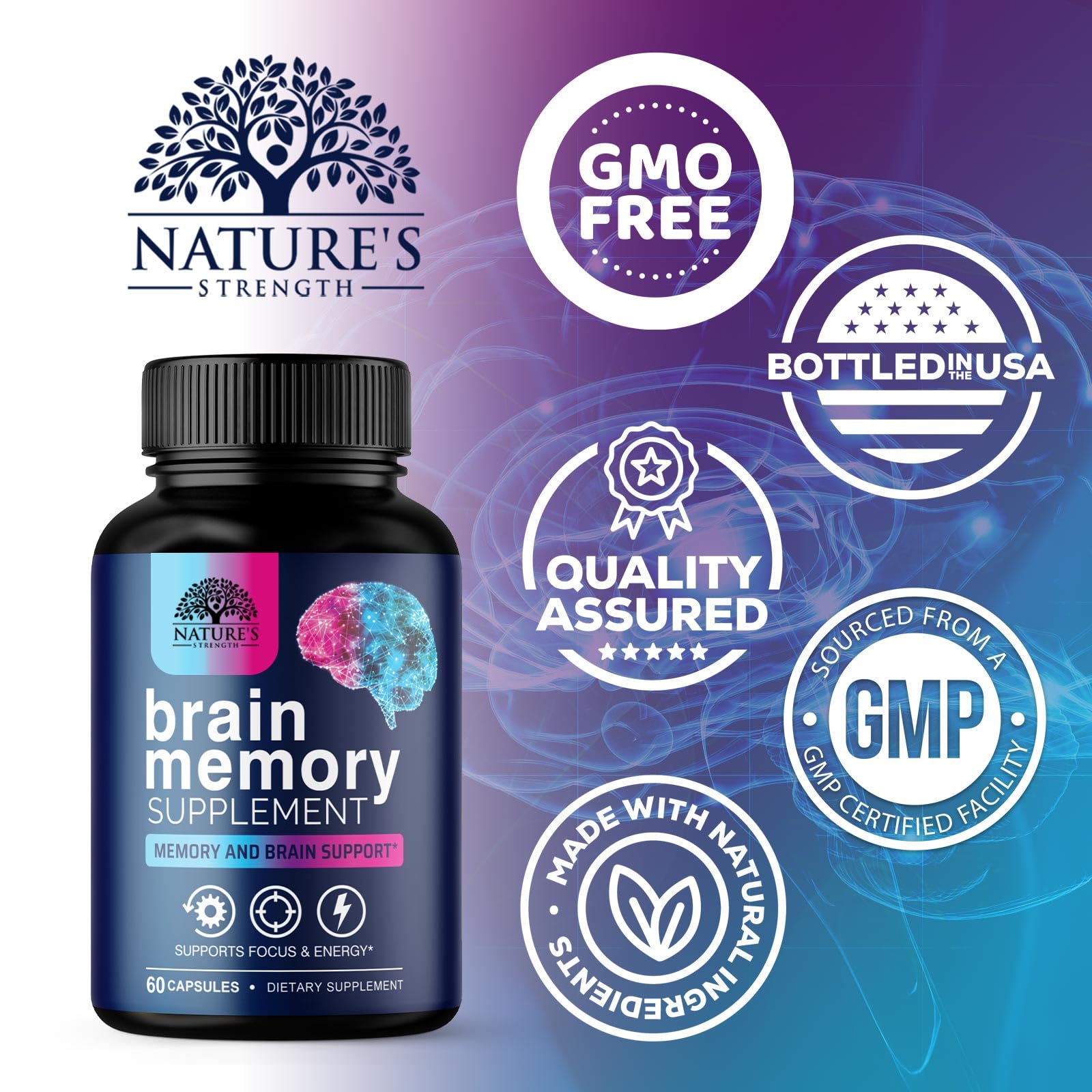 Brain Memory Supplement Pills - 3X Strength Nootropics for Concentration, Clarity & Focus Support - Brain Health Cognitive Vitamins with Bacopa, Phosphatidylserine & DMAE, Brain Booster - 60 Capsules Nature's StrengthAu supplements