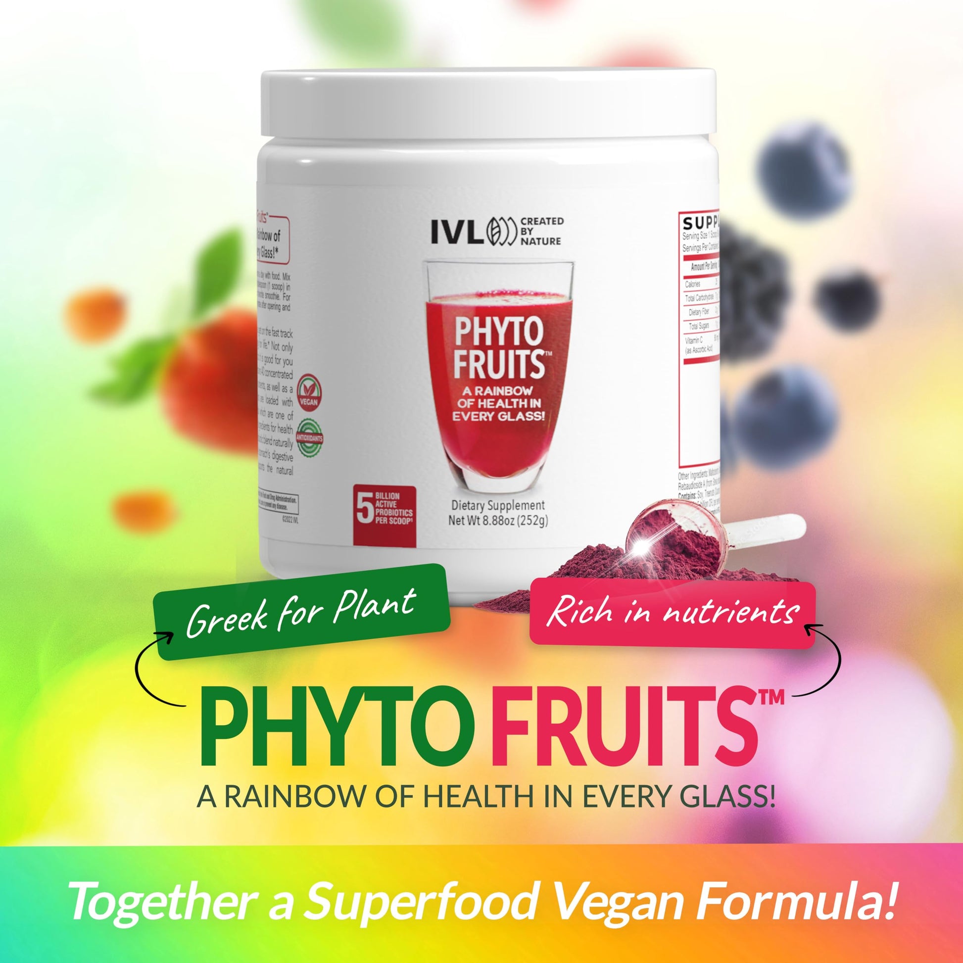 IVL - Phyto Fruits Superfood Powder - Support Energy - Digestive & Probiotic - Antioxidant - Vegan - 40 Fruits and Nutrients Plus 6 Probiotic Strains (30 Servings, 8.88 oz) IVLAu supplements