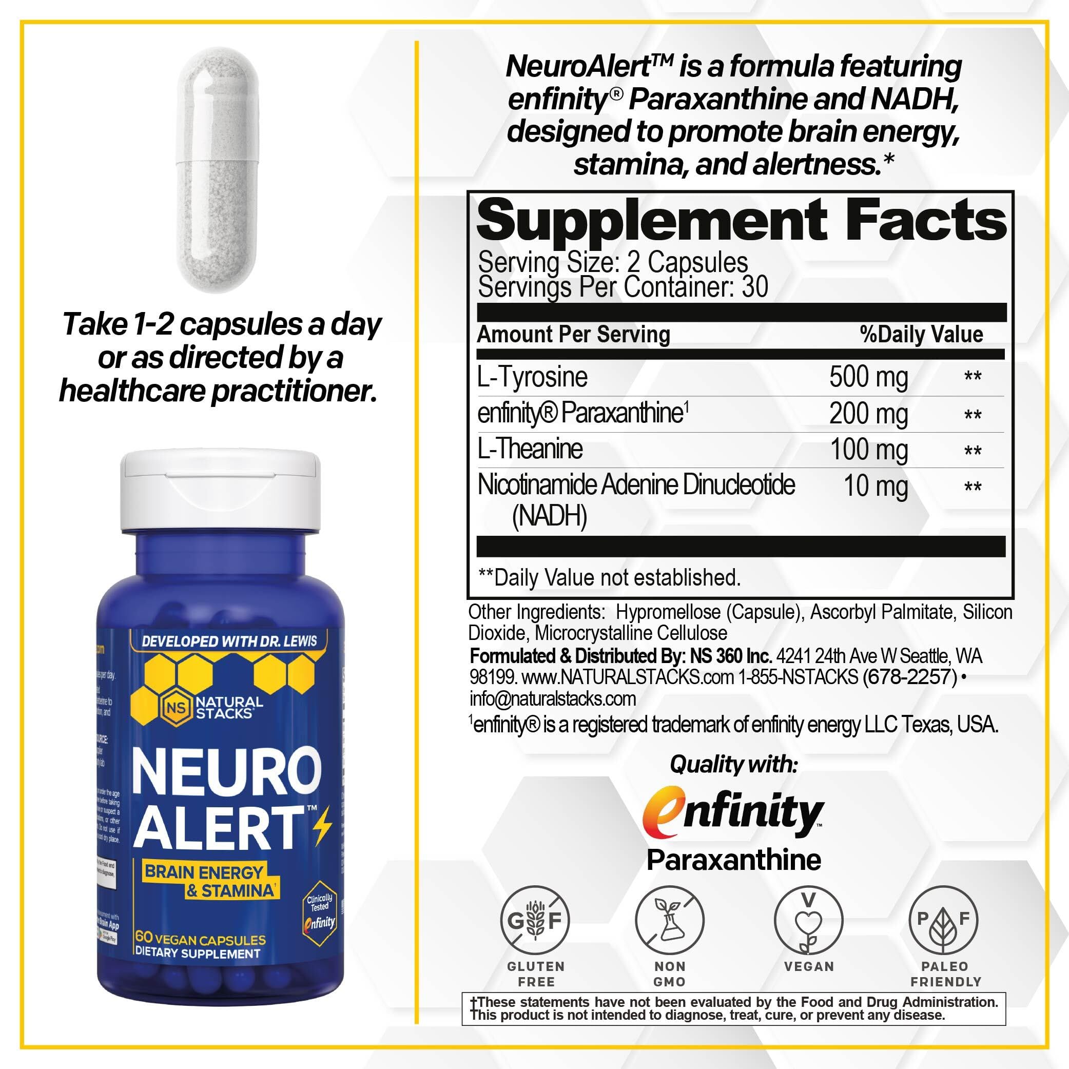 NATURAL STACKS NeuroAlert - 200mg Paraxanthine Energy Supplement - Caffeine Free Focus w/ 500mg L-Tyrosine & 100mg L-Theanine - 10mg NADH for Cellular Energy Support - 60 Paraxanthine Capsules NATURAL STACKSAu supplements