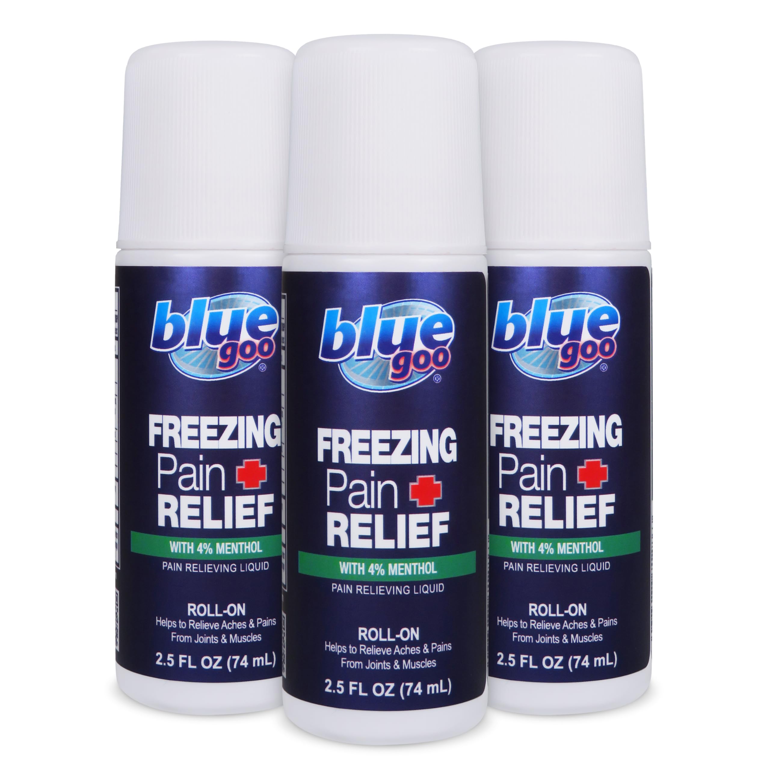 Blue Goo Pain Relieving Menthol Roll On – for Back, Neck, Muscle and Joint Pain, Sprains and Strains, Fast-Acting Soothing Cooling Pain Relief Liquid with 4% Menthol, 2.5 oz (3 Pack) Blue GooAu supplements