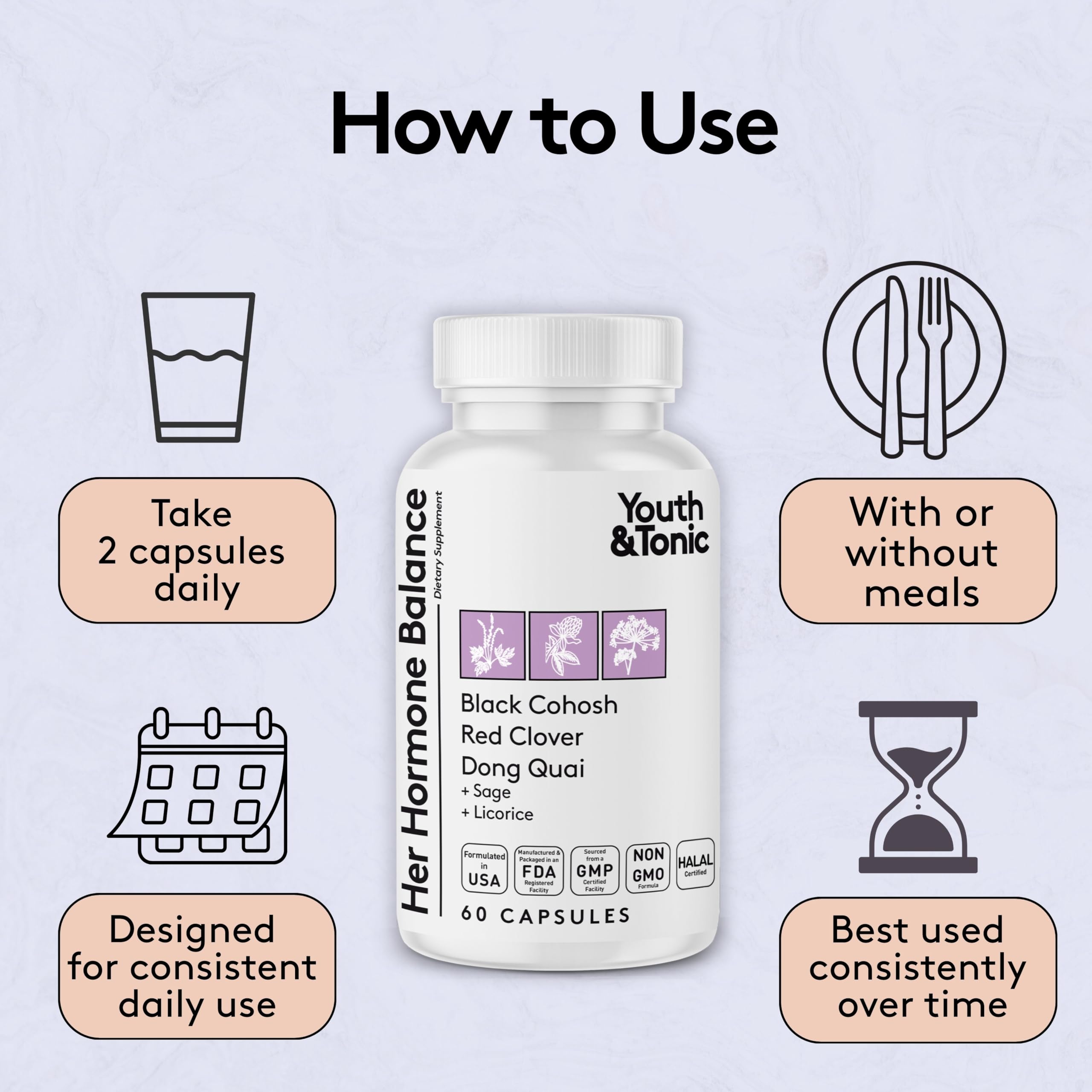 Youth & Tonic Her Hormone Balance – Menopause Supplement for Women, Perimenopause Support, Non-Hormonal Herbal Formula with Black Cohosh for Hot Flashes & Night Sweats, 60 Capsules Youth & TonicAu supplements