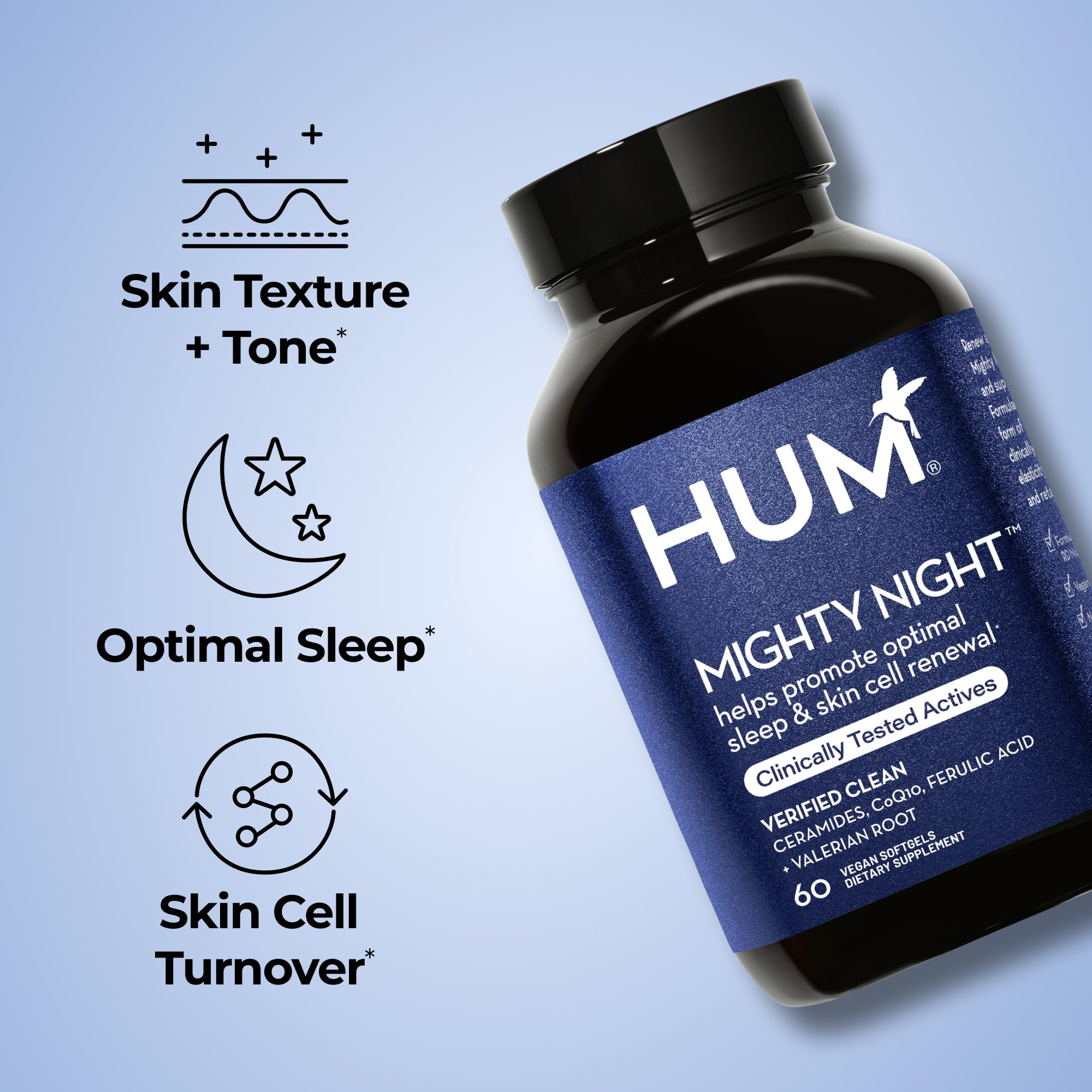 HUM Mighty Night Nighttime Sleep Supplement for Skin Care, CoQ10, Valerian Root & Ferulic Acid to Support Cell Turnover, Skin Vitamins for Women and Men, Overnight Beauty Vitamins, 60 Vegan Softgels HUMUS supplements
