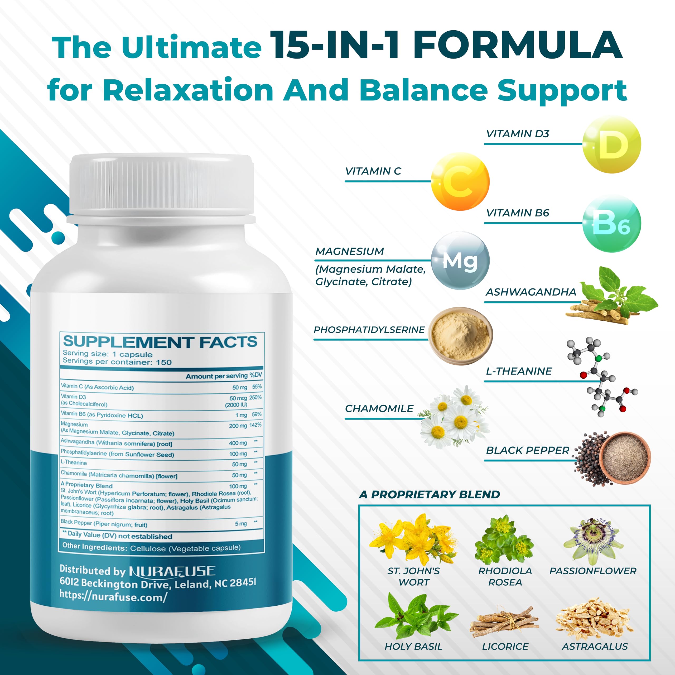 NURAFUSE CORTISOL Health Ashwagandha 15-in-1 Supplement with Magnesium Phosphatidylserine L-Theanine Chamomile Rhodiola Rosea Licorice Holy Basil NURAFUSEAu supplements