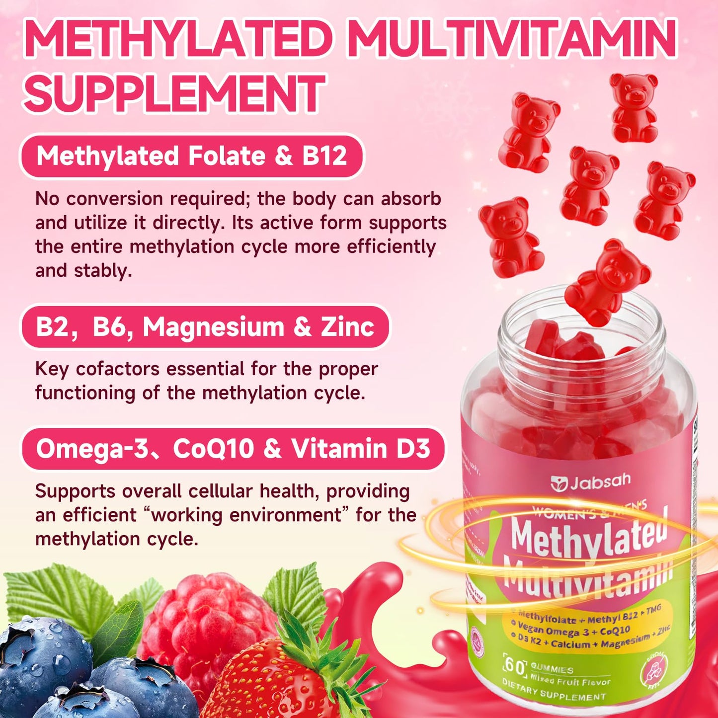 Methylated Vitamin B Complex Gummies for Women & Men, Multivitanins Gummy with Vitamin A, C ,E, Methylfolate & B12, TMG, Calcium, D3 K2 JabsahUS supplements