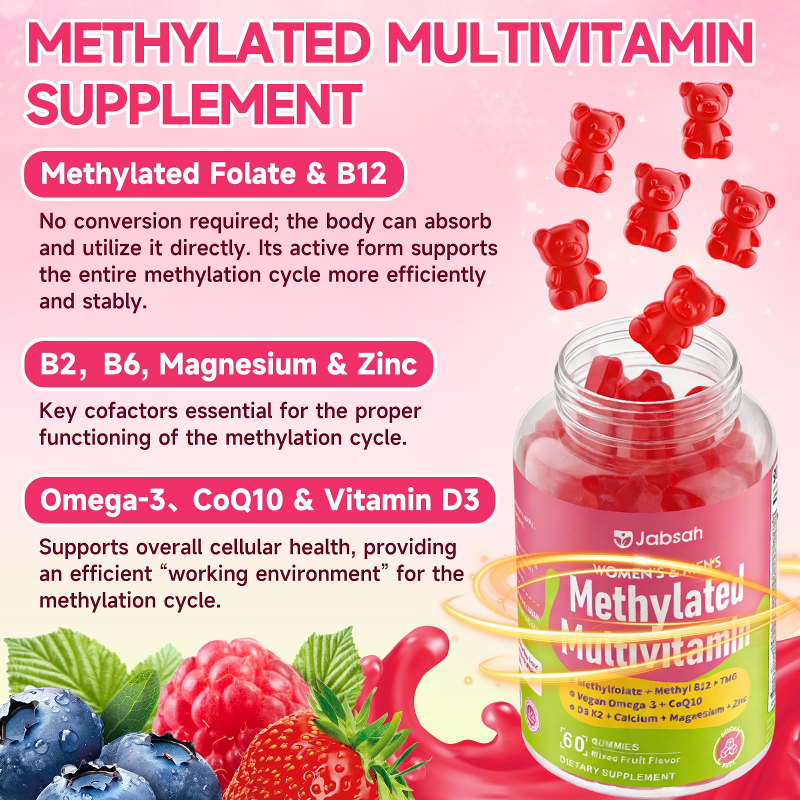 Methylated Vitamin B Complex Gummies for Women & Men, Multivitanins Gummy with Vitamin A, C ,E, Methylfolate & B12, TMG, Calcium, D3 K2 JabsahUS supplements