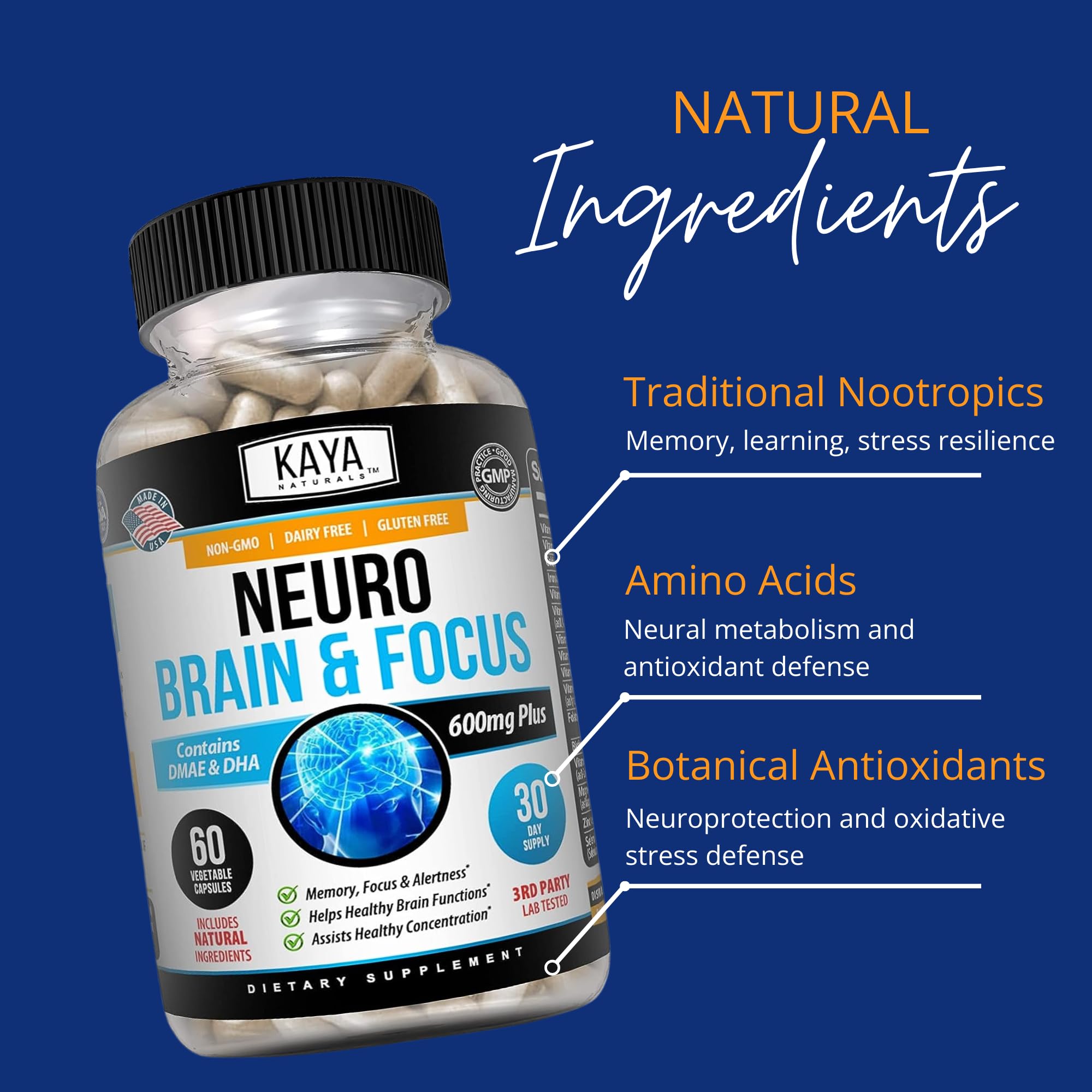 Kaya Naturals - Neuro Brain for Memory & Focus - Nootropic Energy Capsule - Nootropic Brain Support Supplement - Focus & Concentration & Learning Accuracy - Cognitive Function - 60 Count Kaya NaturalsAu supplements